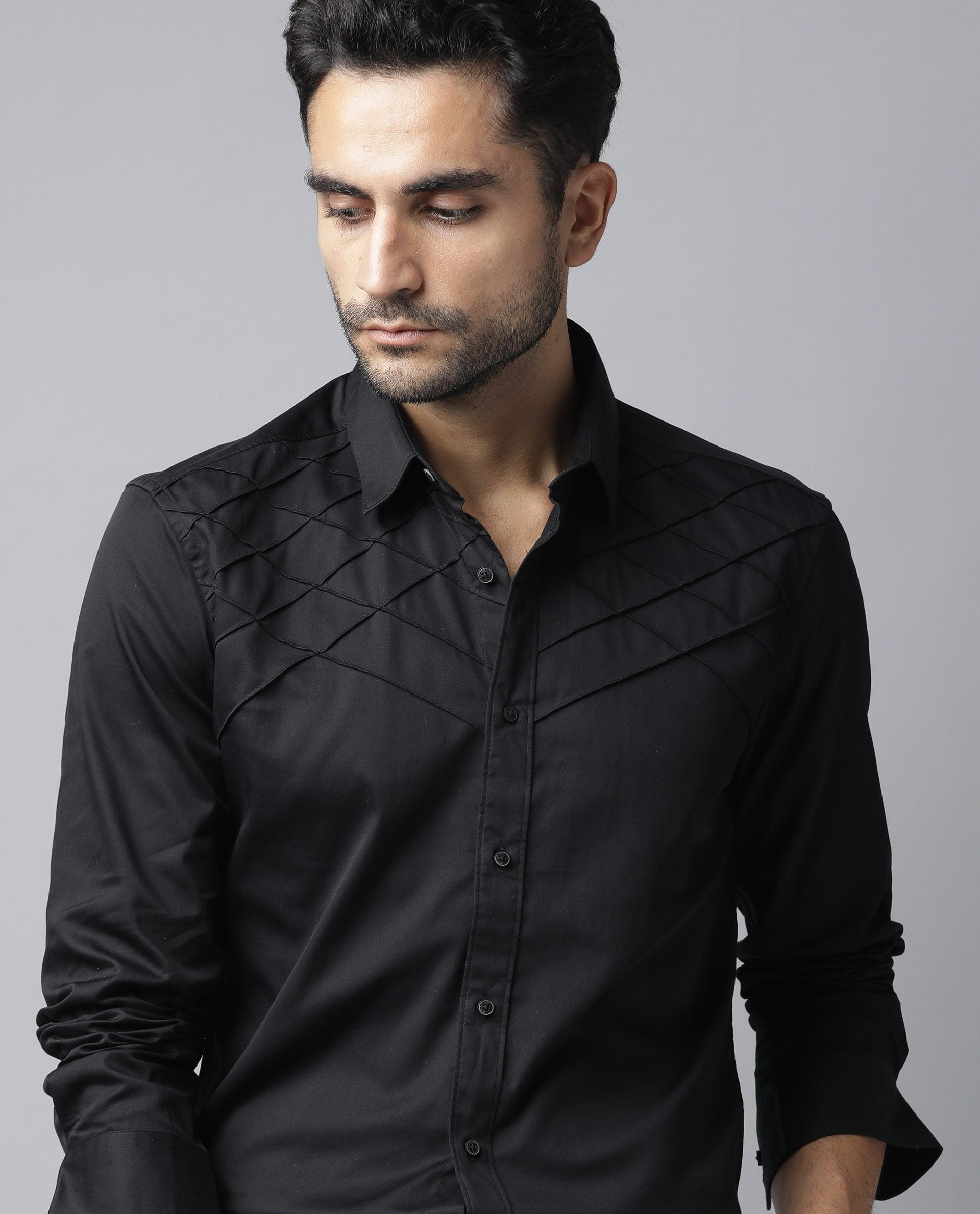 Rare Rabbit Men's Hero Black Cotton Fabric Full Sleeves Regular Fit Pleated Textured Shirt