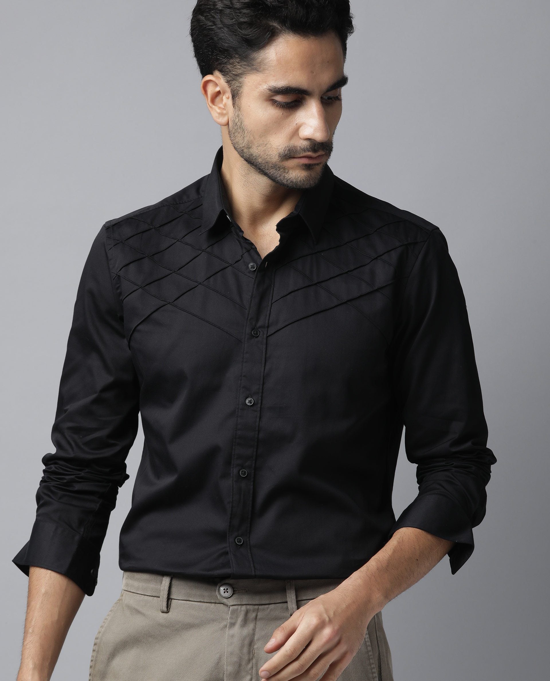 Rare Rabbit Men's Hero Black Cotton Fabric Full Sleeves Regular Fit Pleated Textured Shirt