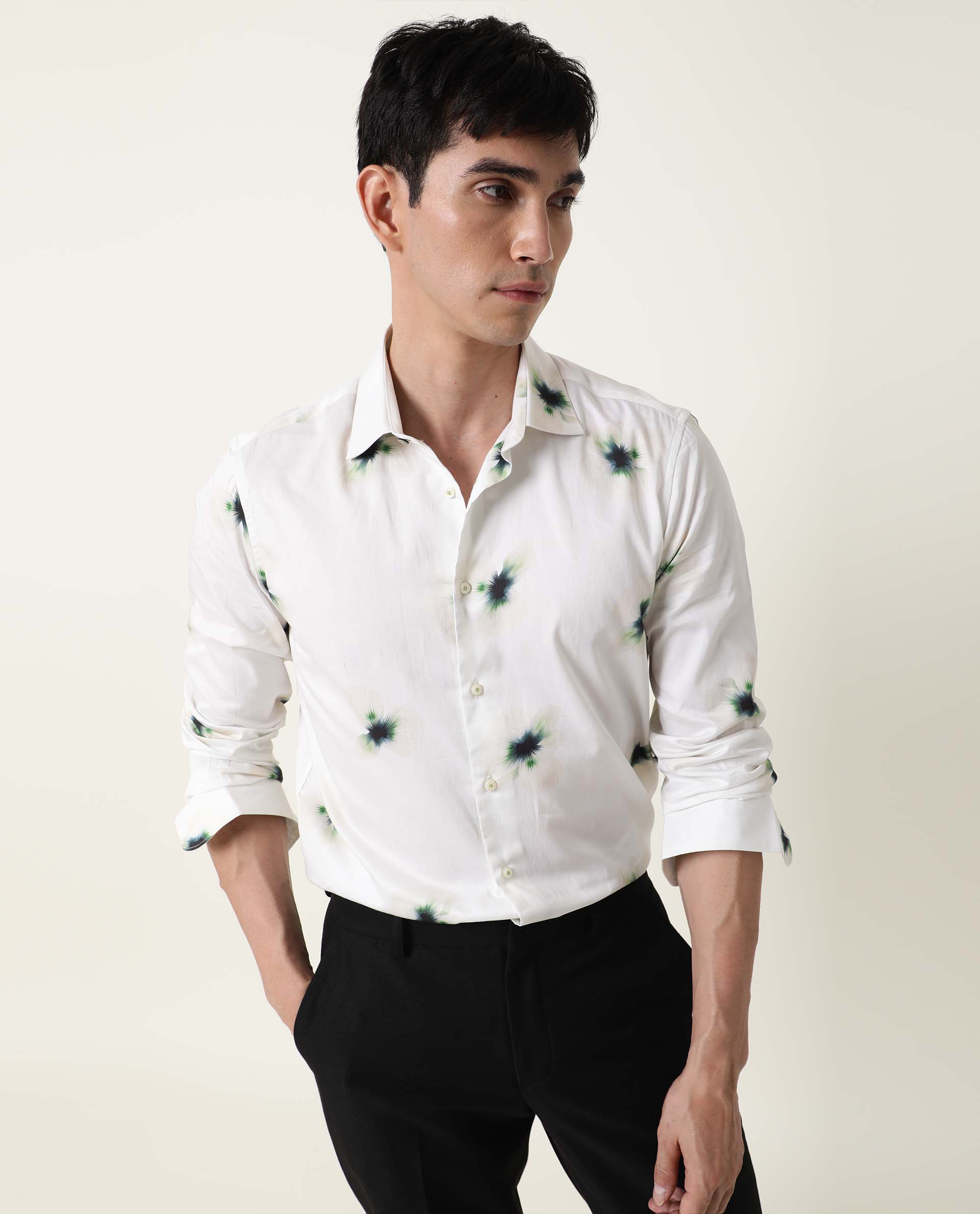 Rare Rabbit Men's Laccoss Off White Cotton Fabric Floral Print Full Sleeves Shirt