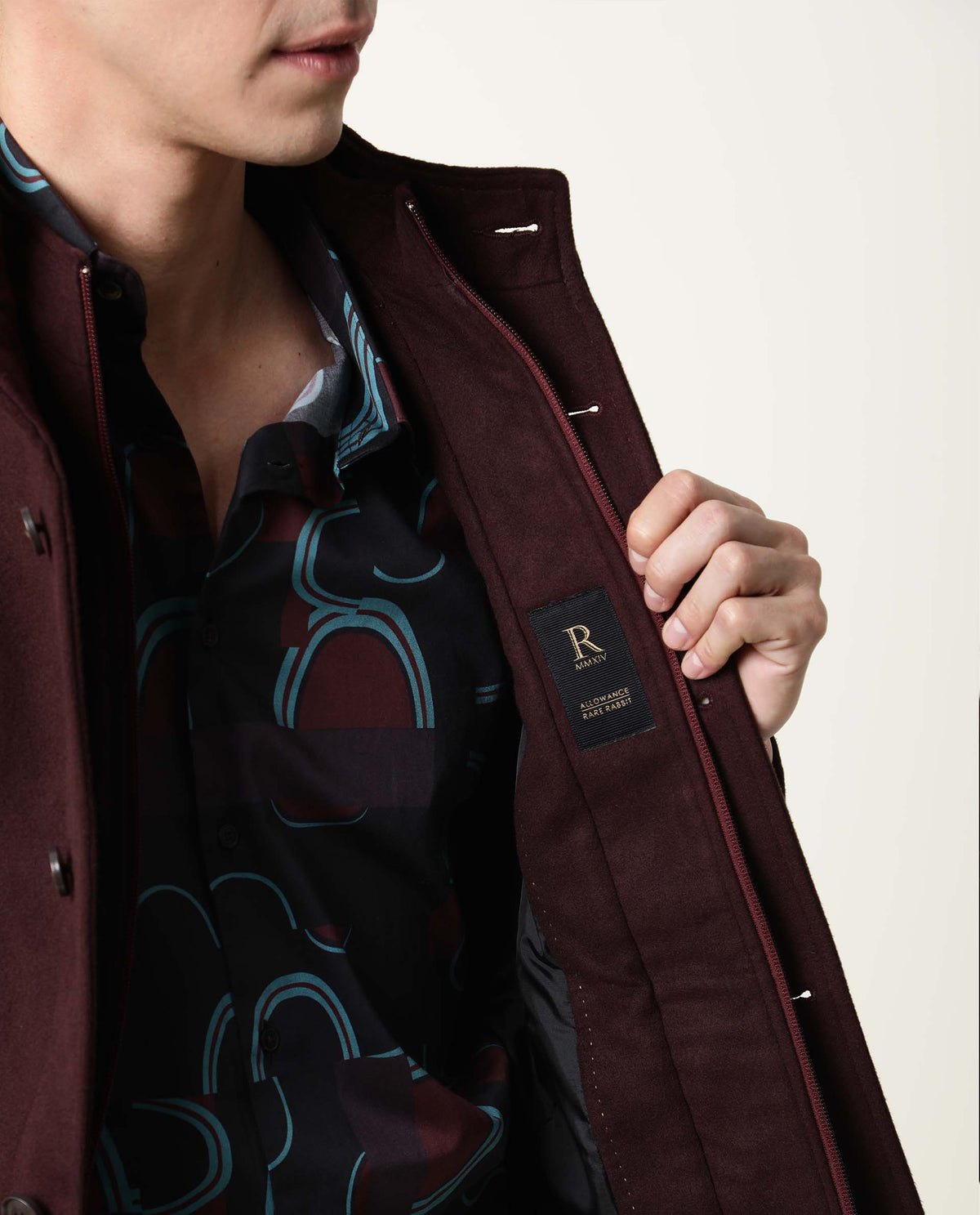 RARE RABBIT BRUSH PRIMARY MAROON JACKET POLYESTER FABRIC FULL SLEEVE STAND COLLAR SLIM FIT