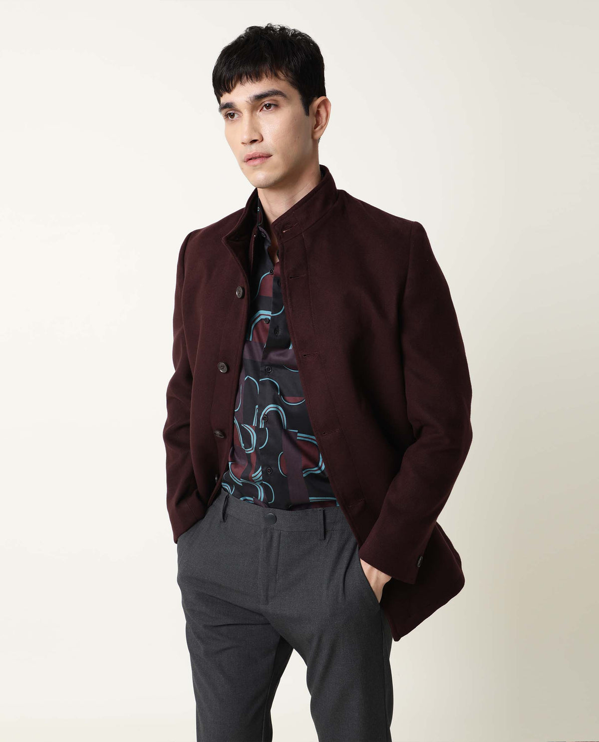 RARE RABBIT BRUSH PRIMARY MAROON JACKET POLYESTER FABRIC FULL SLEEVE STAND COLLAR SLIM FIT