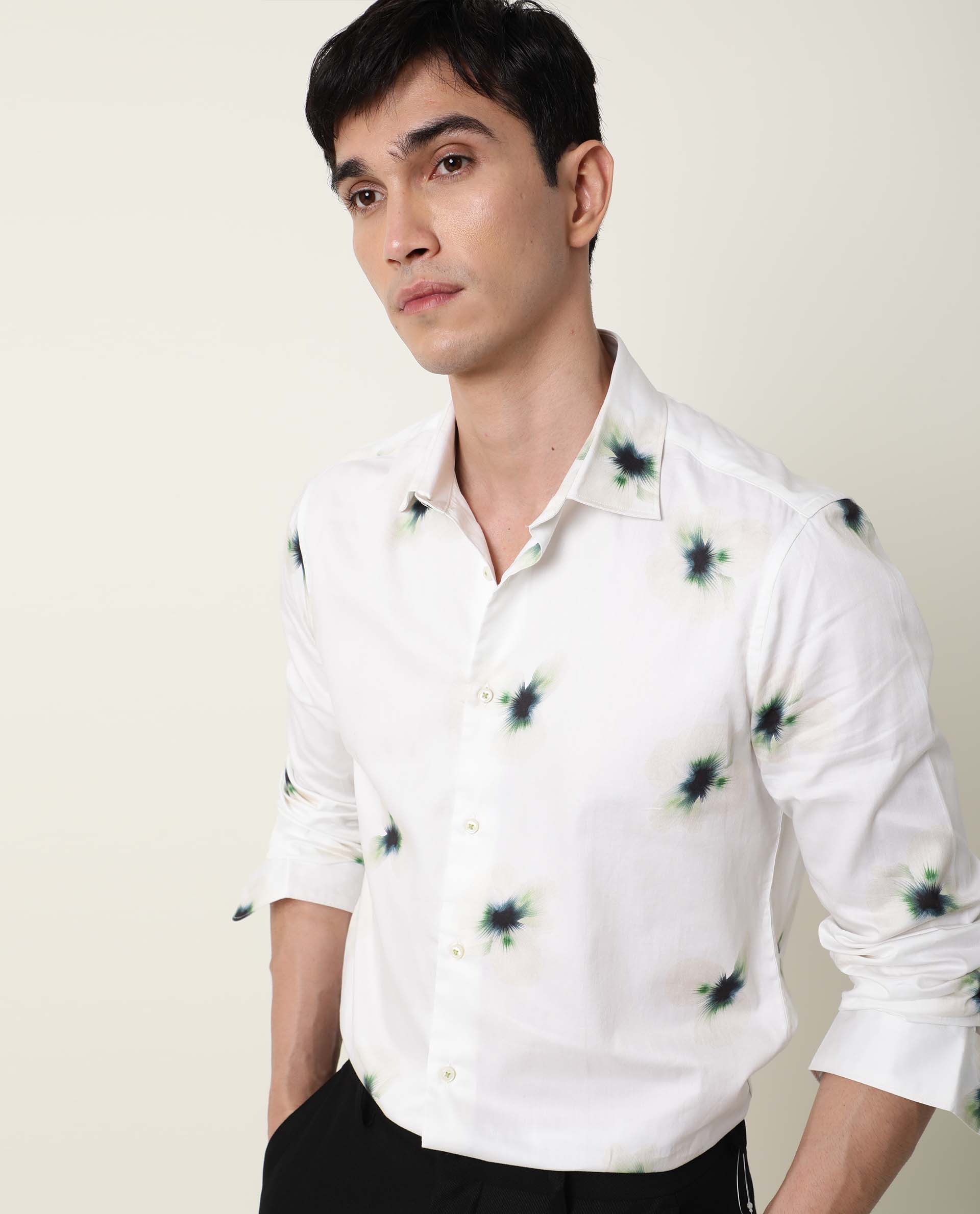 Rare Rabbit Men's Laccoss Off White Cotton Fabric Floral Print Full Sleeves Shirt