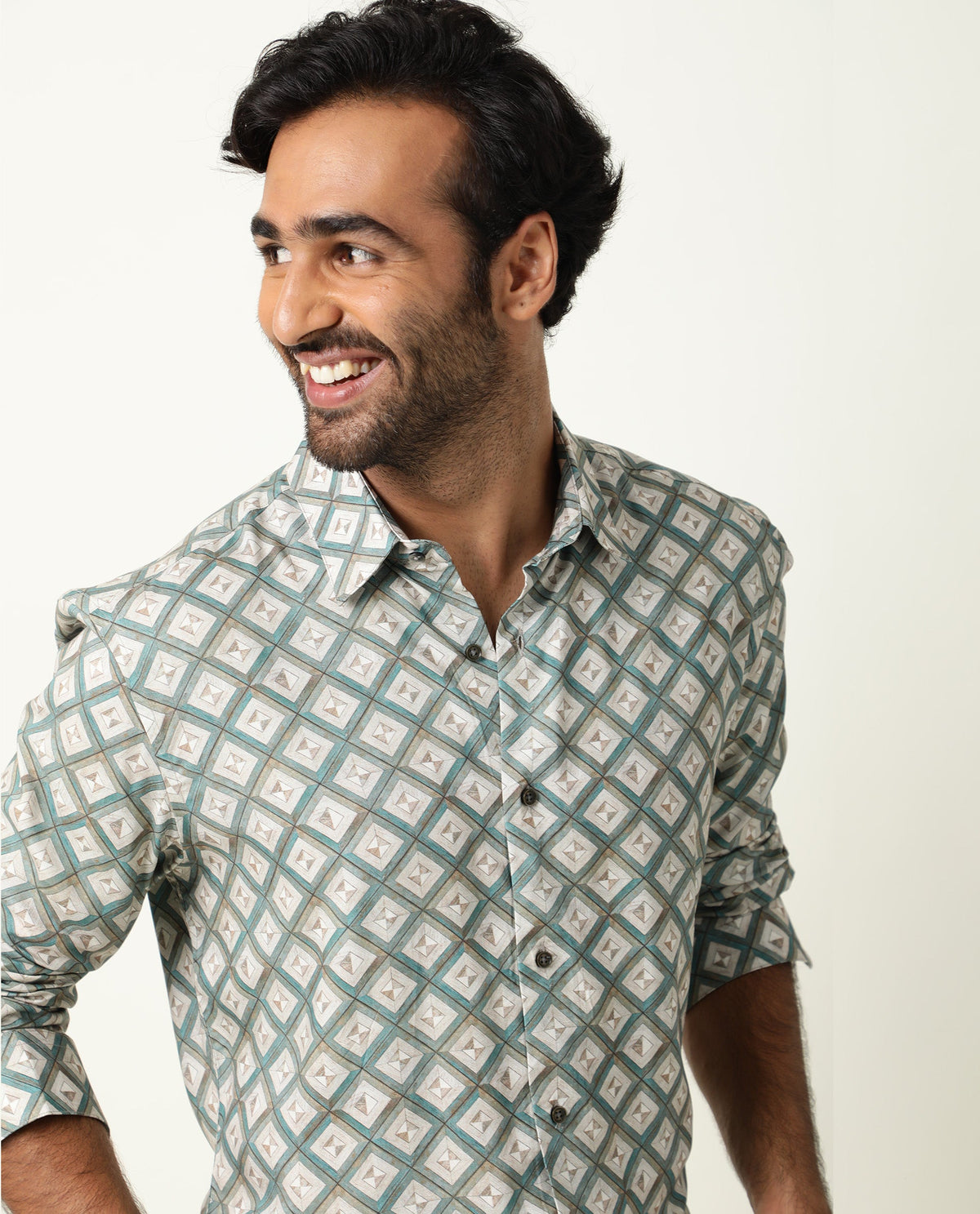 RARE RABBIT MEN'S COMPTER GREEN SHIRT VISCOSE FABRIC COLLARED NECK FULL SLEEVES BUTTON CLOSURE SLIM FIT