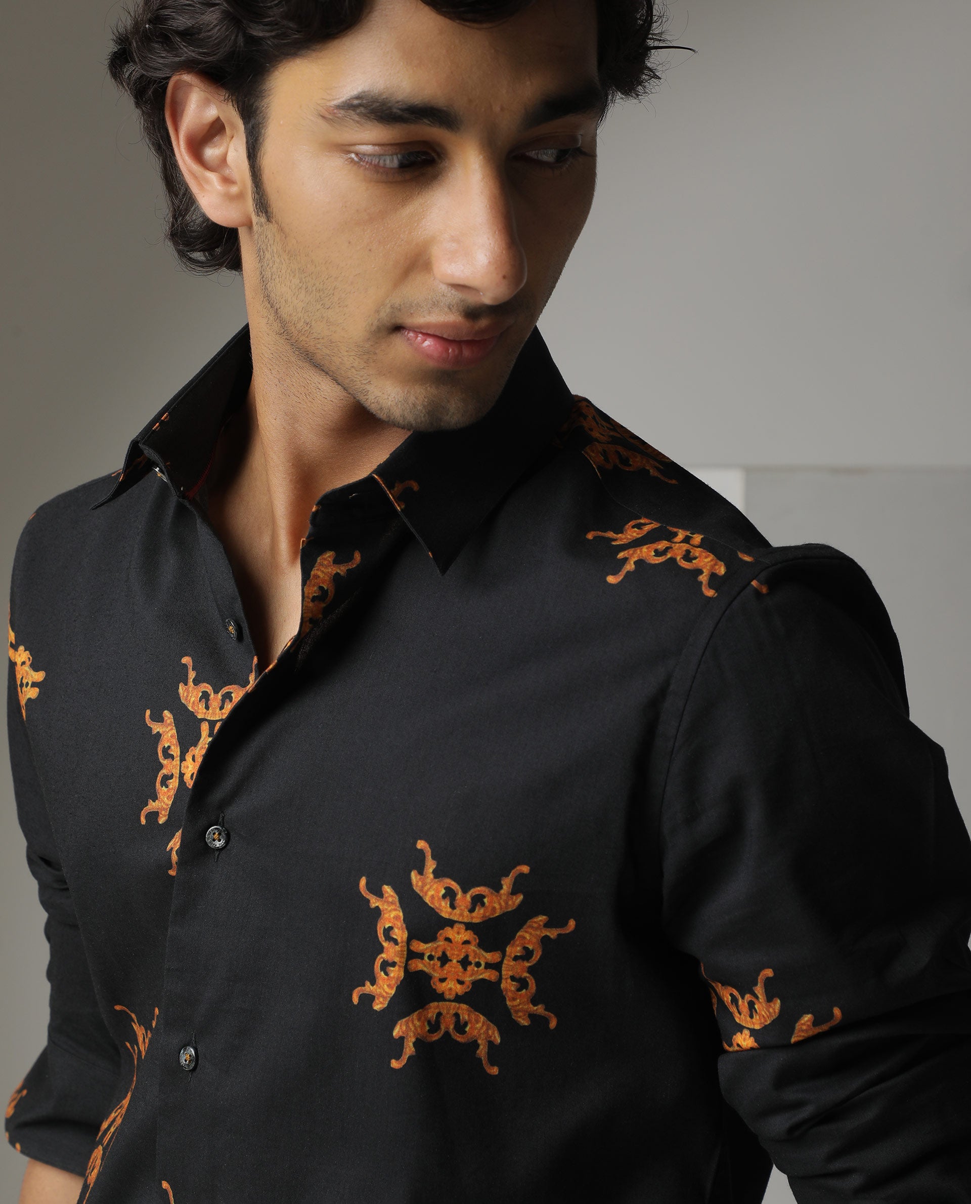 Rare Rabbit Men's Vicaroy Black Cotton Fabric Graphic Print Full Sleeves Shirt