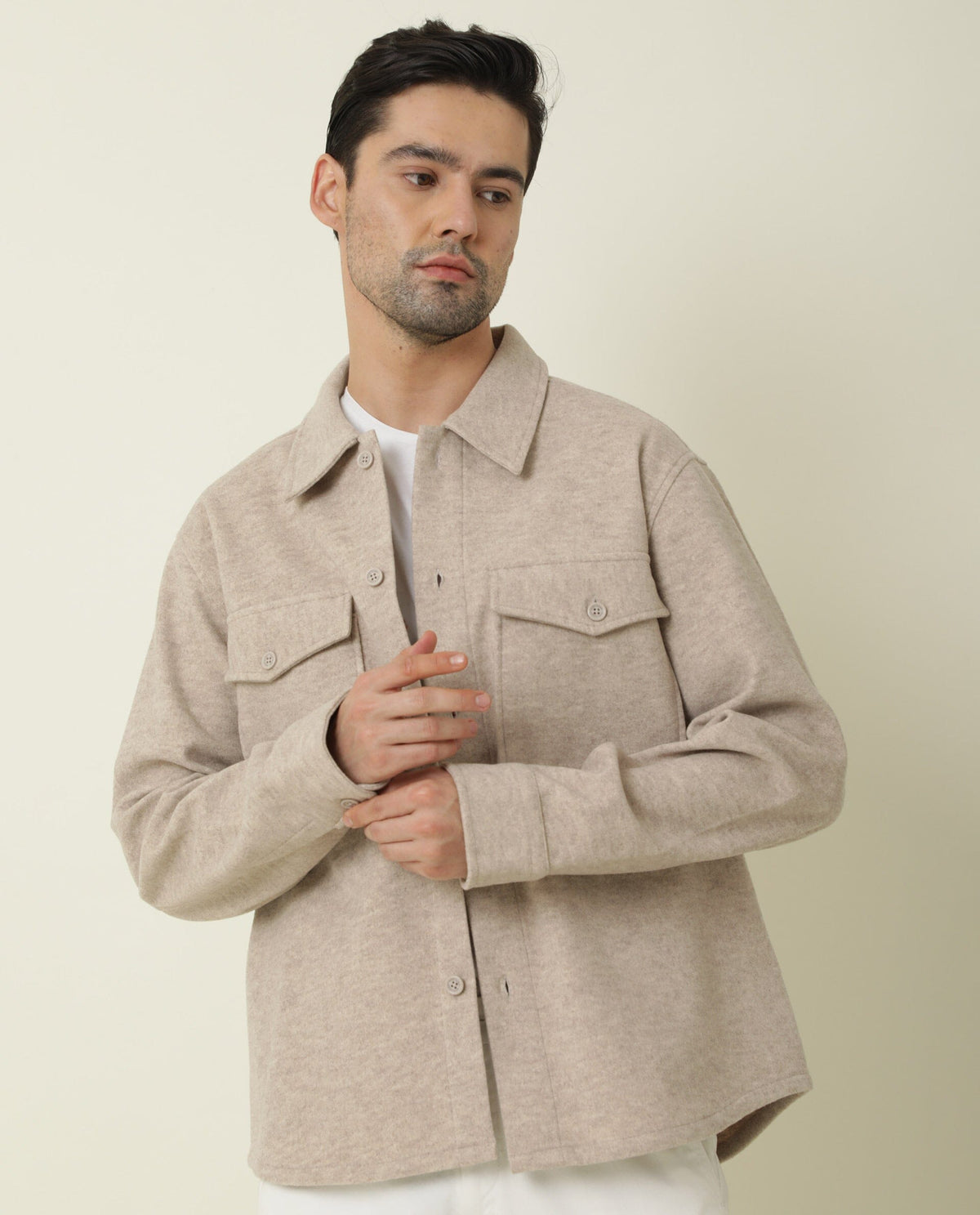 RARE RABBIT MEN'S SHACK BEIGE JACKET POLYESTER FABRIC COLLARED NECK FULL SLEEVES BUTTON CLOSURE SLIM FIT