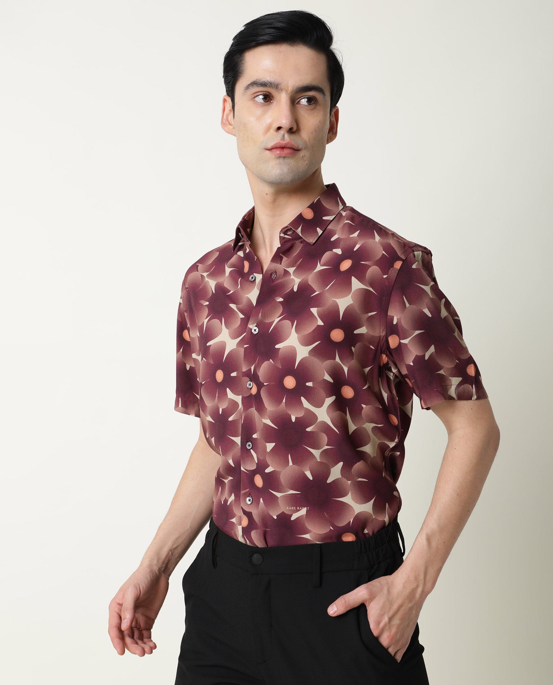 Rare Rabbit Men's Parles Brown Viscose Fabric Floral Print Half Sleeves Shirt