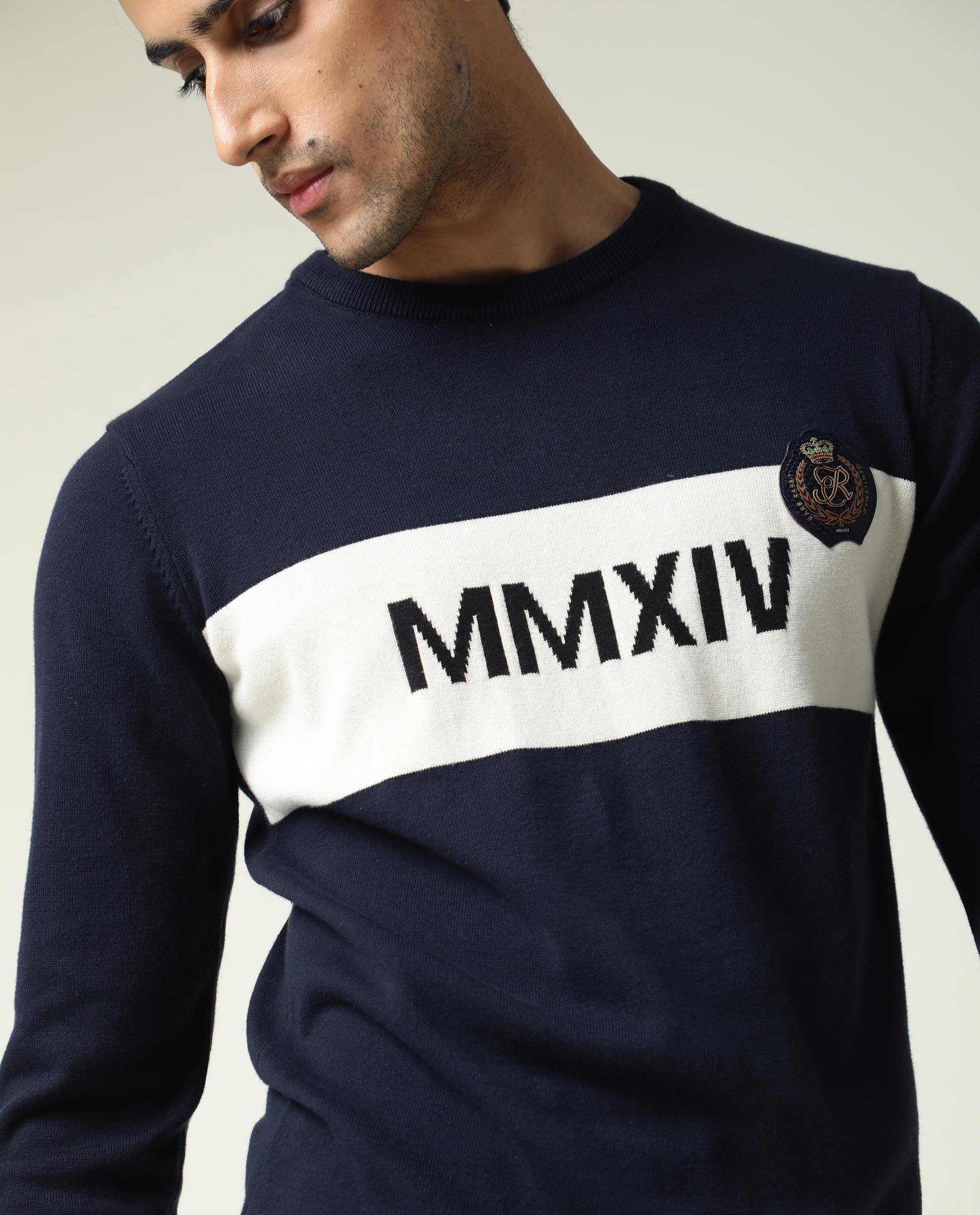 Rare Rabbit Since Primary Navy Pullover Cotton Fabric Full Sleeve Round Neck Slim Fit