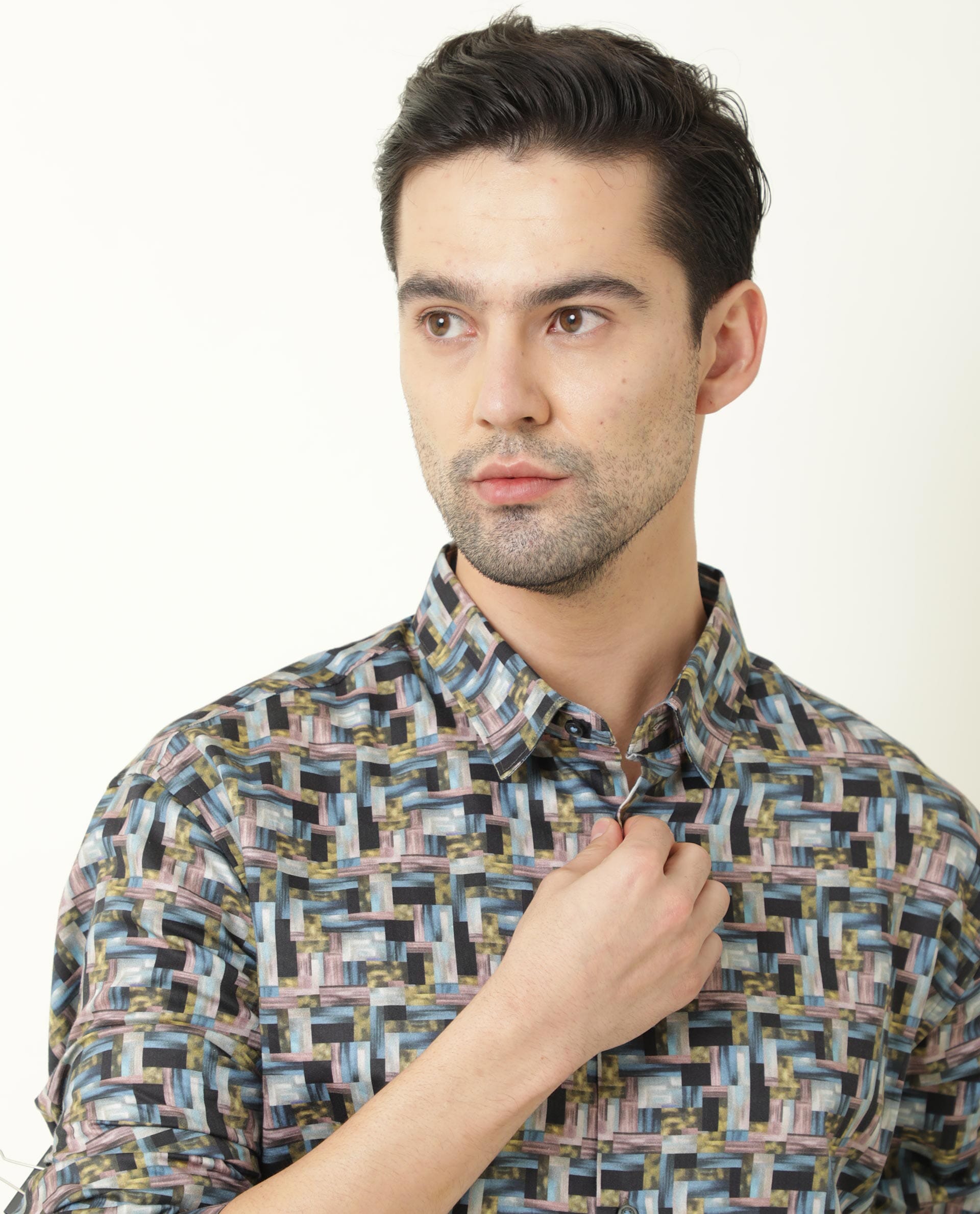 Rare Rabbit Men's Jigsawee Grey Cotton Fabric Geometric Print Full Sleeves Shirt
