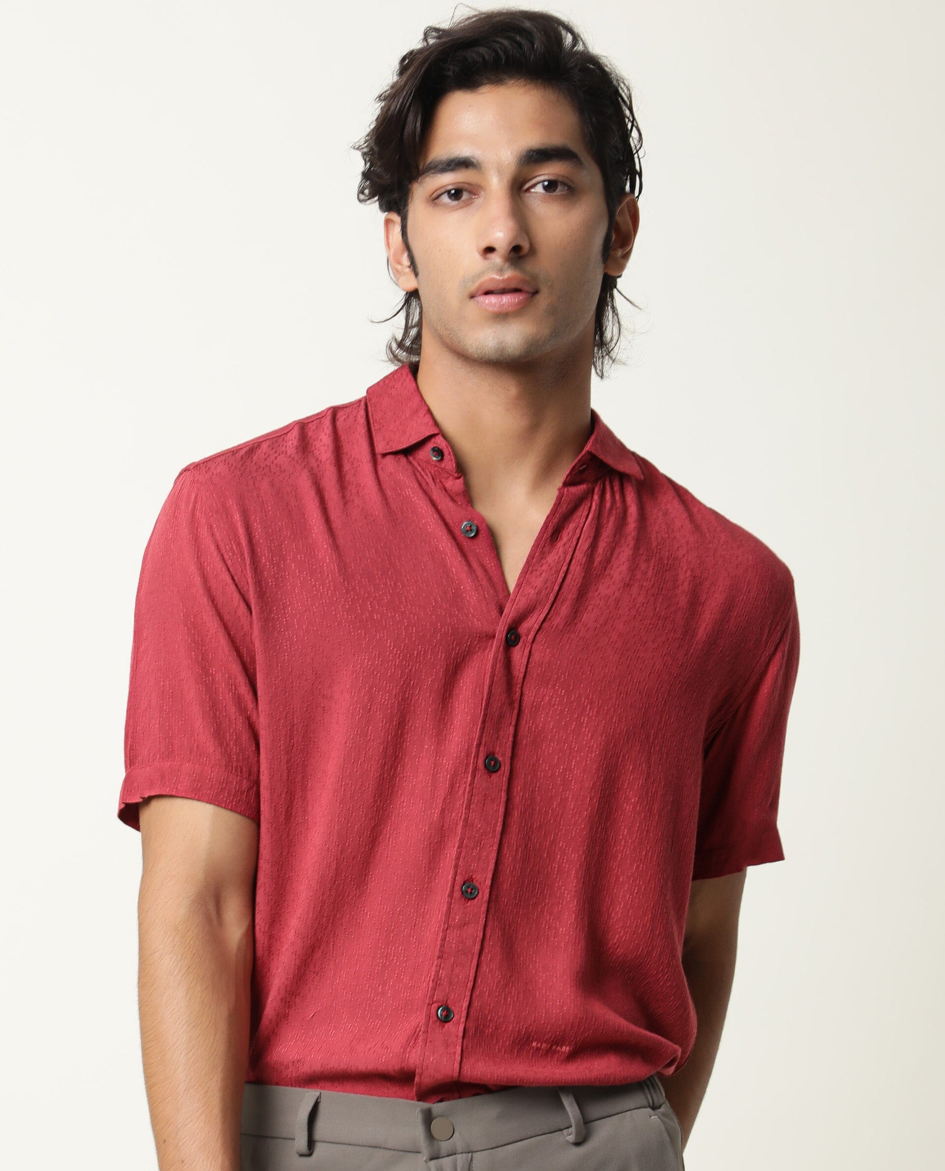 RARE RABBIT MENS JENNY RED SHIRT RAYON FABRIC SLIM FIT COLLAR COLLAR Short Sleeve