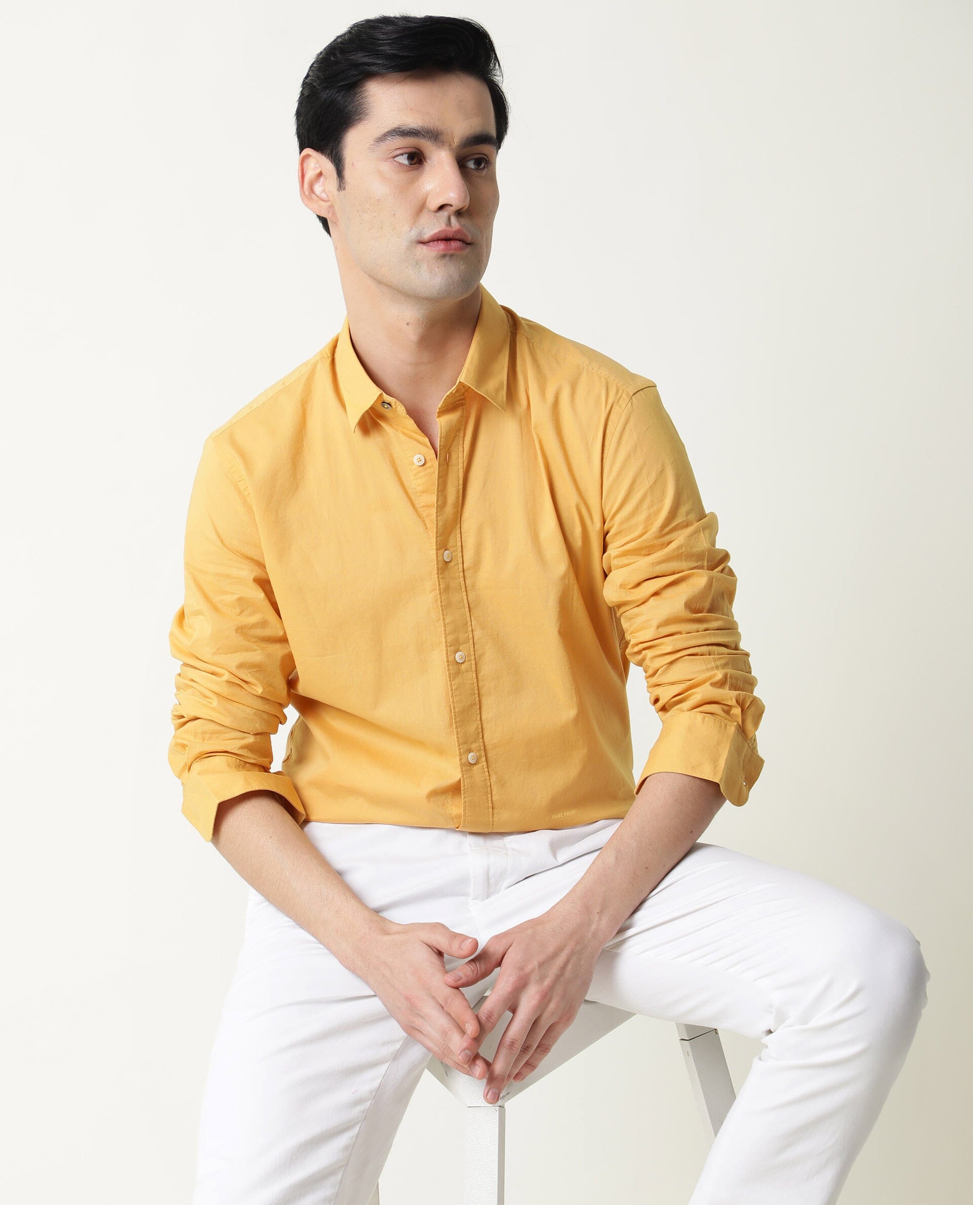 Rare Rabbit Men's Fullslee Yellow Cotton Fabric Full Sleeves Solid Shirt