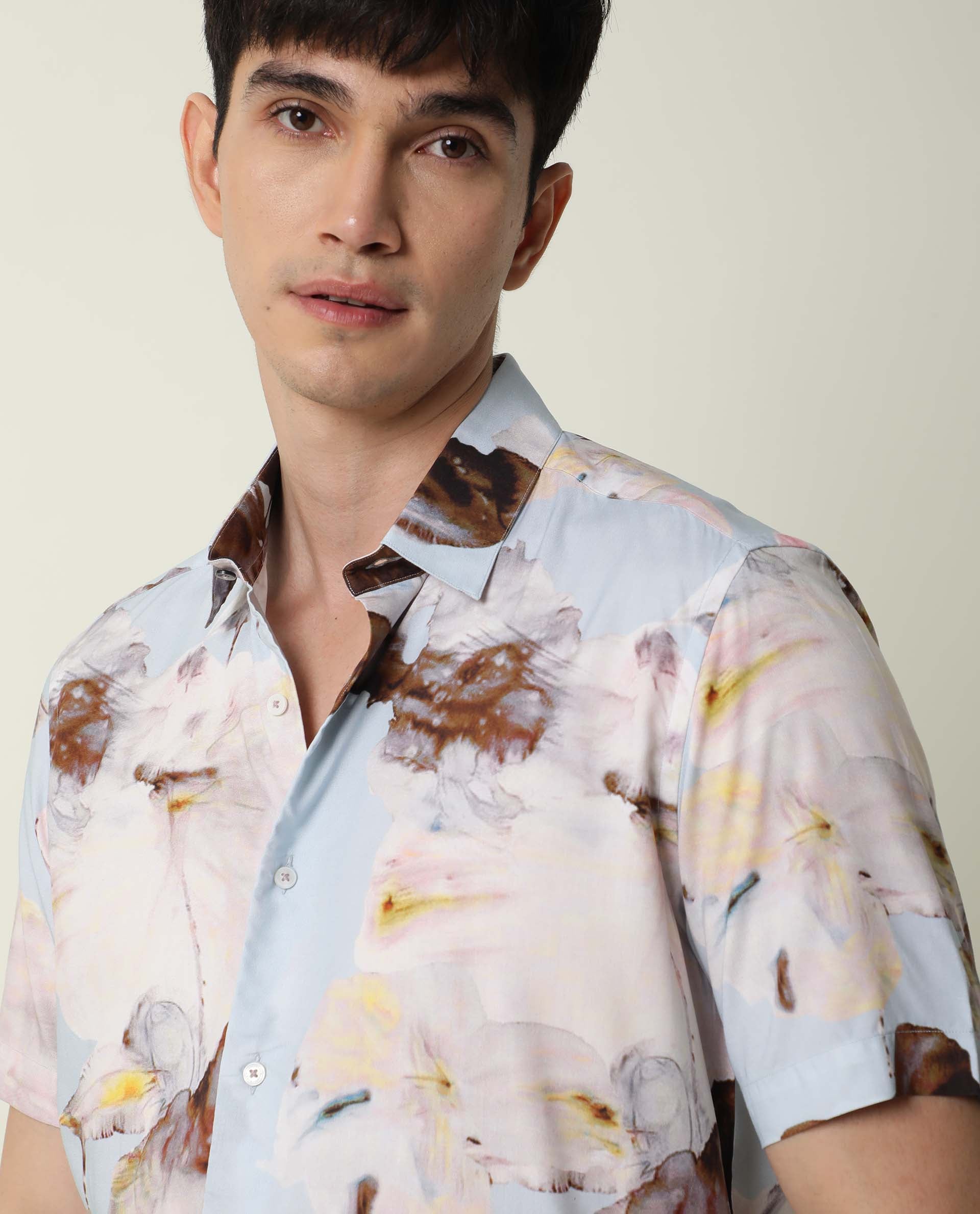 RARE RABBIT MEN'S BREEZY BLUE SHIRT VISCOSE FABRIC COLLARED NECK HALF SLEEVES BUTTON CLOSURE SLIM FIT