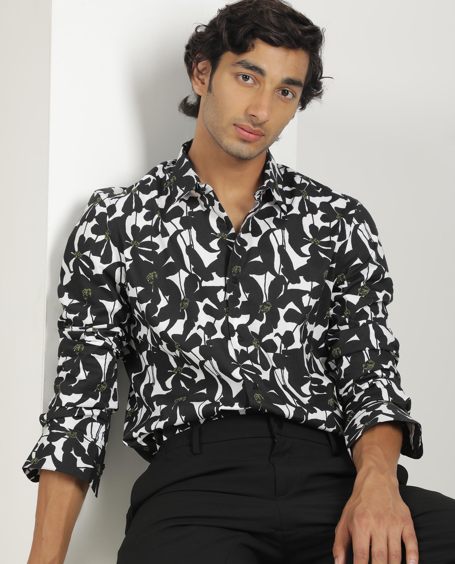 Rare Rabbit Men's Kruela Black Viscose Fabric Floral Print Full Sleeves Shirt