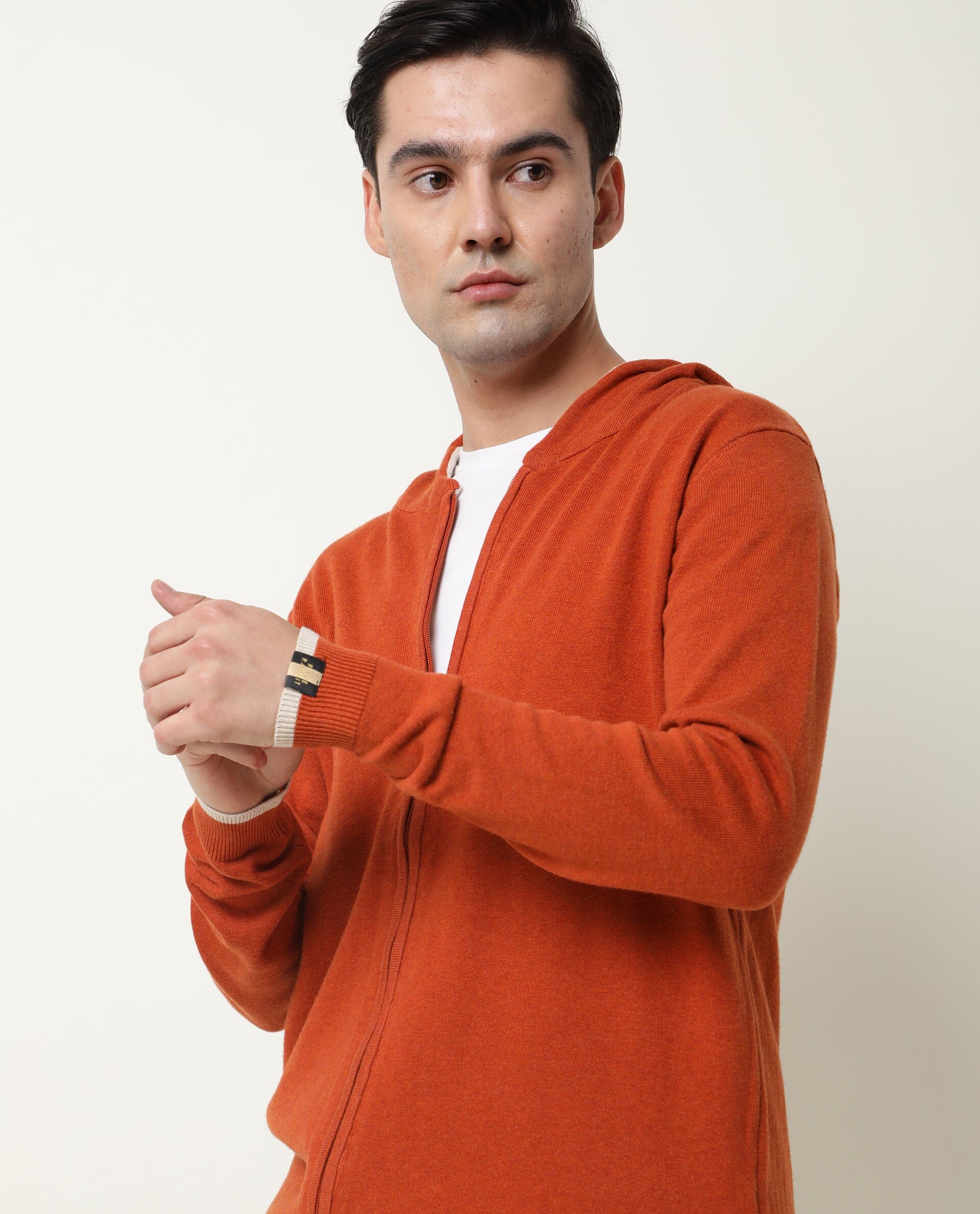 Rare Rabbit Men'S Pisa Orange Pullover Cotton Fabric Hooded Neck Full Sleeves Zipper Closure Slim Fit