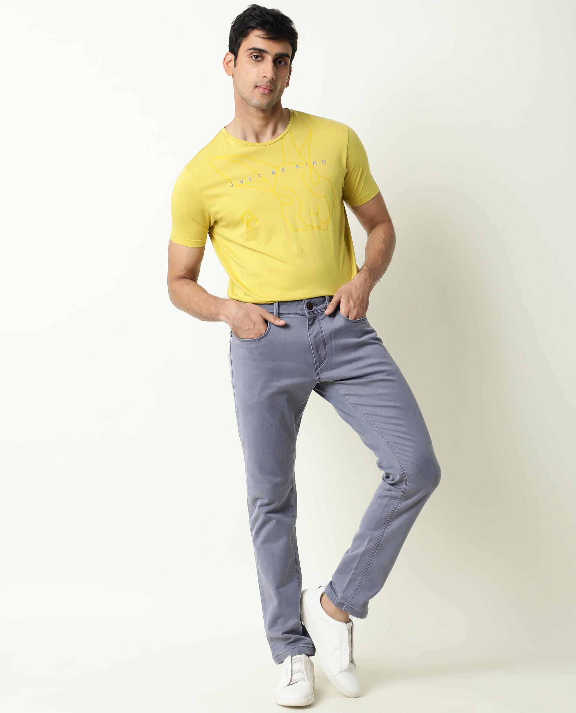 Rare Rabbit Men's Vigo Light Purple Garment Dyed Mid-Rise Slim Fit Jeans