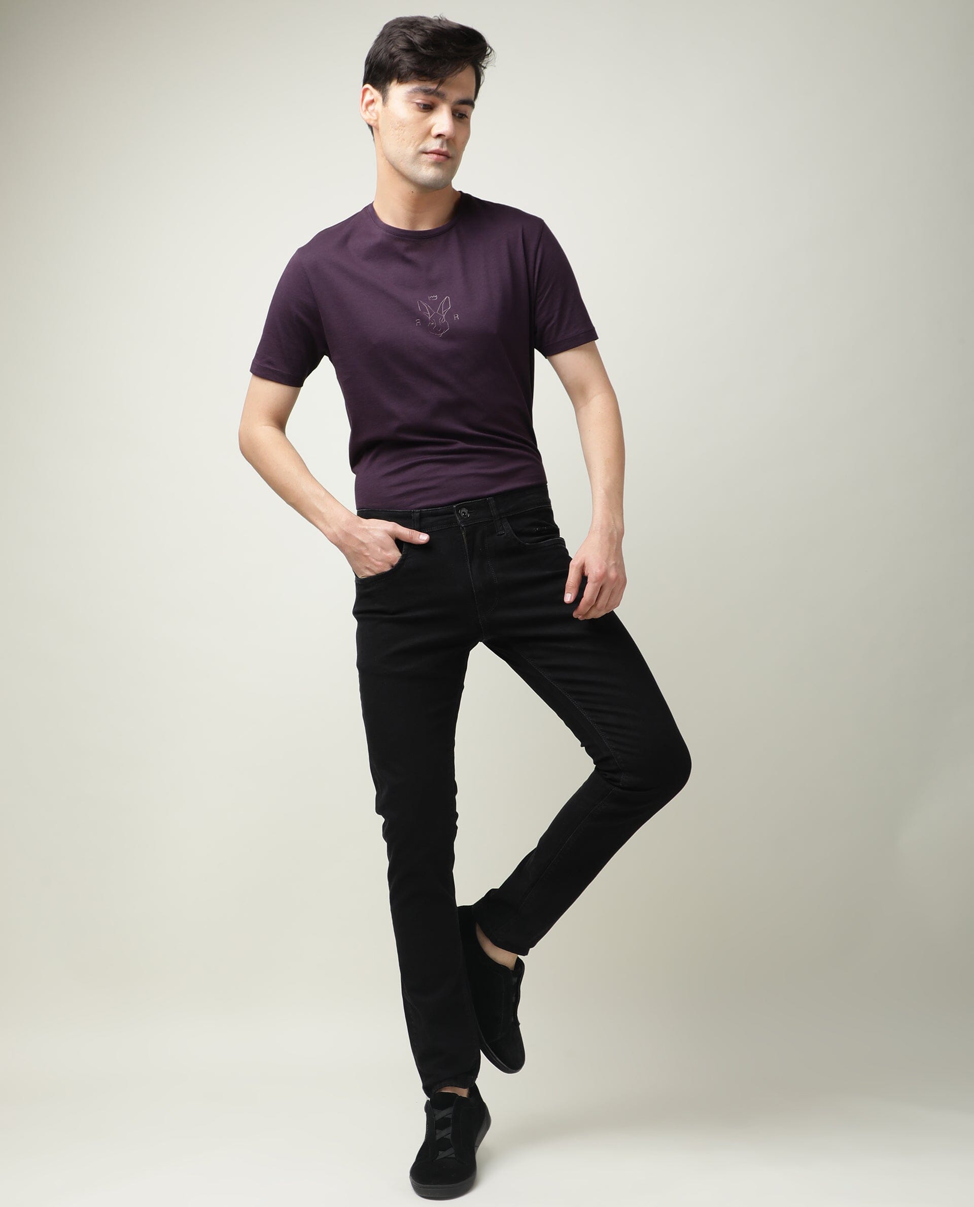 Rare Rabbit Men's Double Black 2 Black Rinse Wash Mid-Rise Slim Fit Jeans