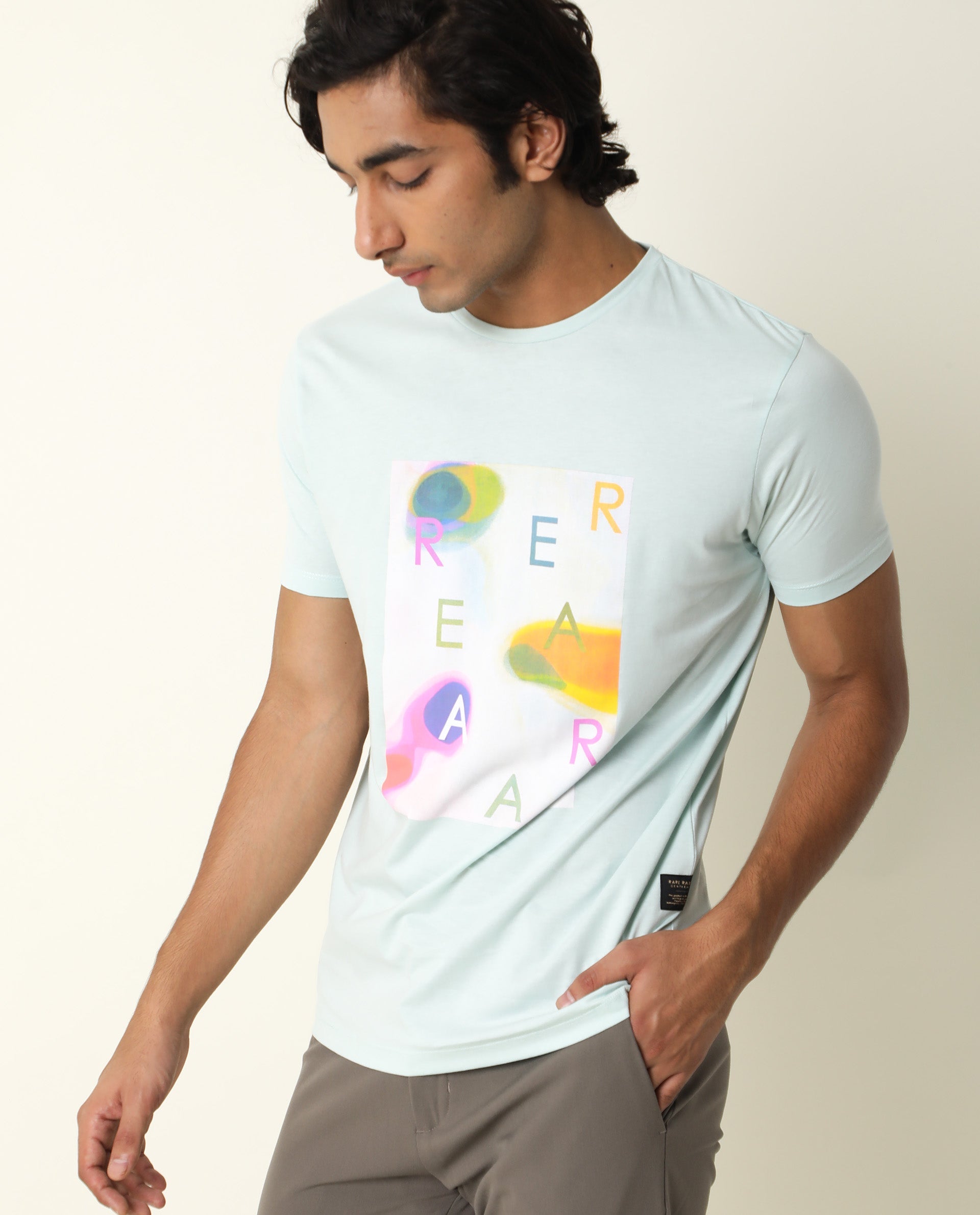 Rare Rabbit Men's Monc Blue Crew Neck Discharge Abstract Print With Branding Half Sleeves Slim Fit T-Shirt