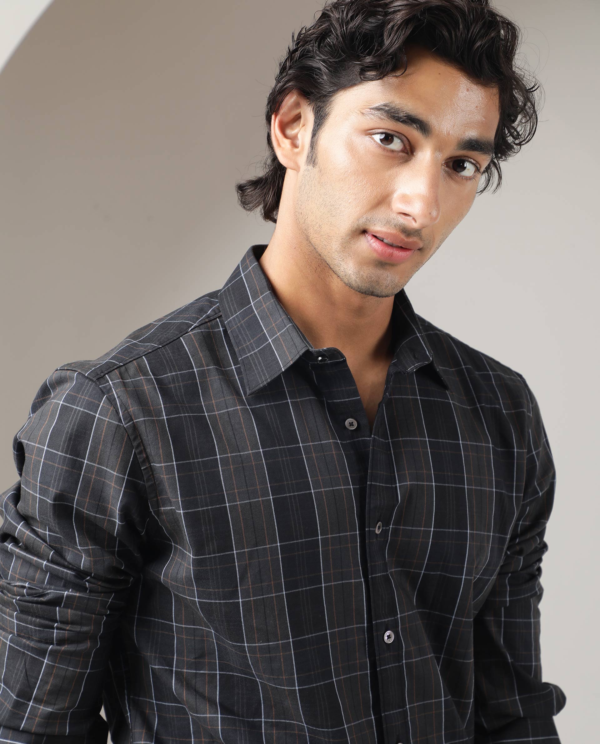 Rare Rabbit Men's Lancelot Grey Cotton Fabric Full Sleeves Checks Shirt