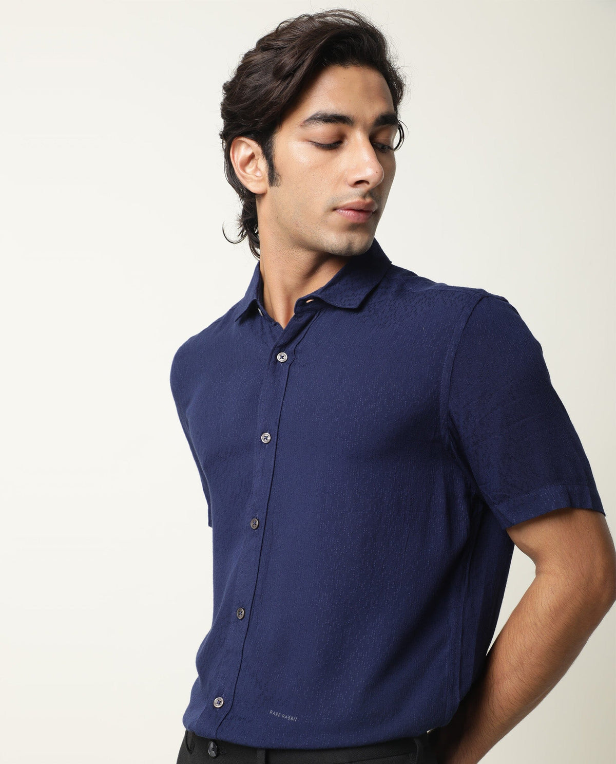 RARE RABBIT MENS JENNY NAVY SHIRT RAYON FABRIC SLIM FIT COLLAR COLLAR Short Sleeve