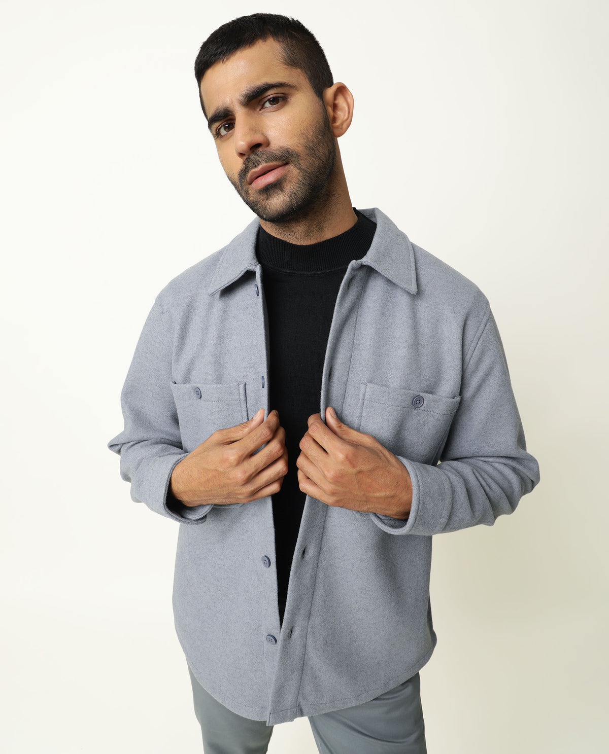 Rare Rabbit Jerome Blue Cotton Fabric Full Sleeve Broad Collar Button Closure Slim Fit Jacket