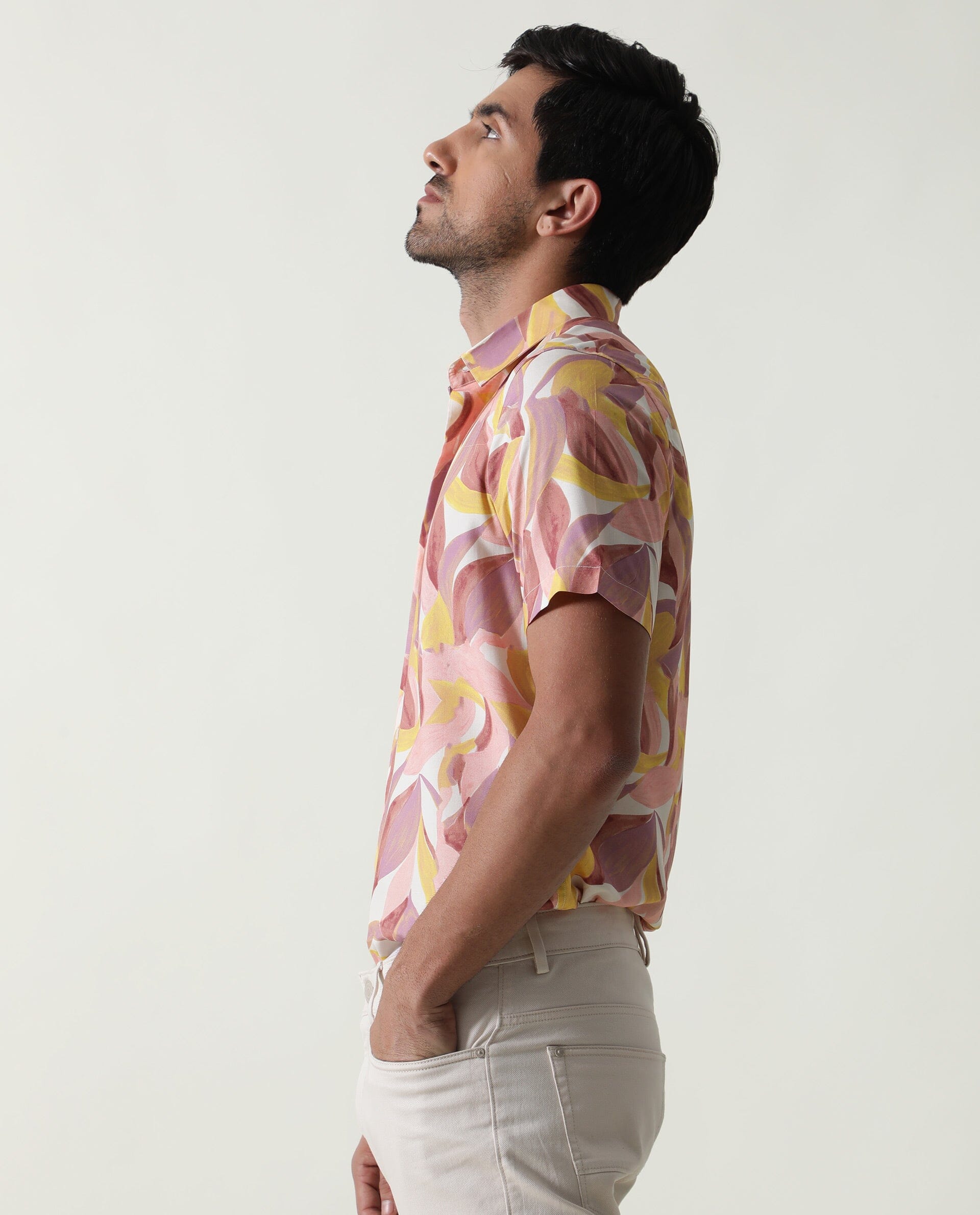 Rare Rabbit Men's Grafe Beige Viscose Fabric Half Sleeves Regular Fit Tropical Print Shirt