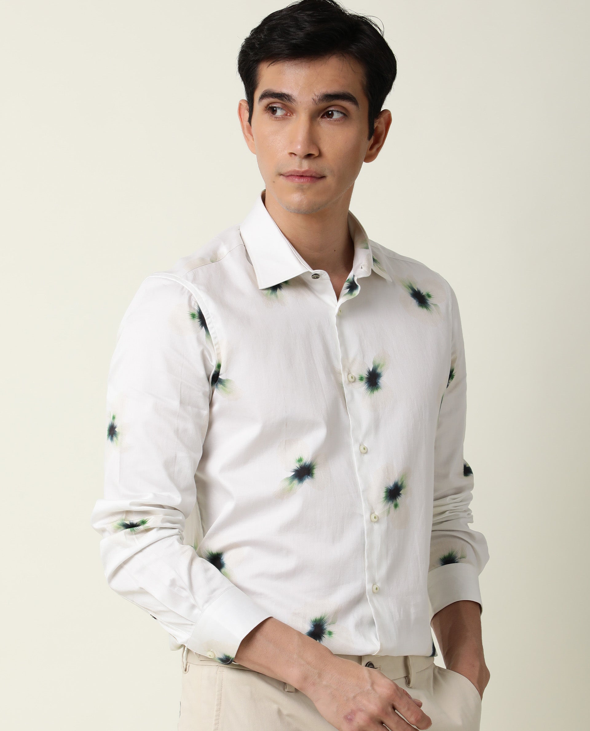 Rare Rabbit Men's Laccoss Off White Cotton Fabric Floral Print Full Sleeves Shirt