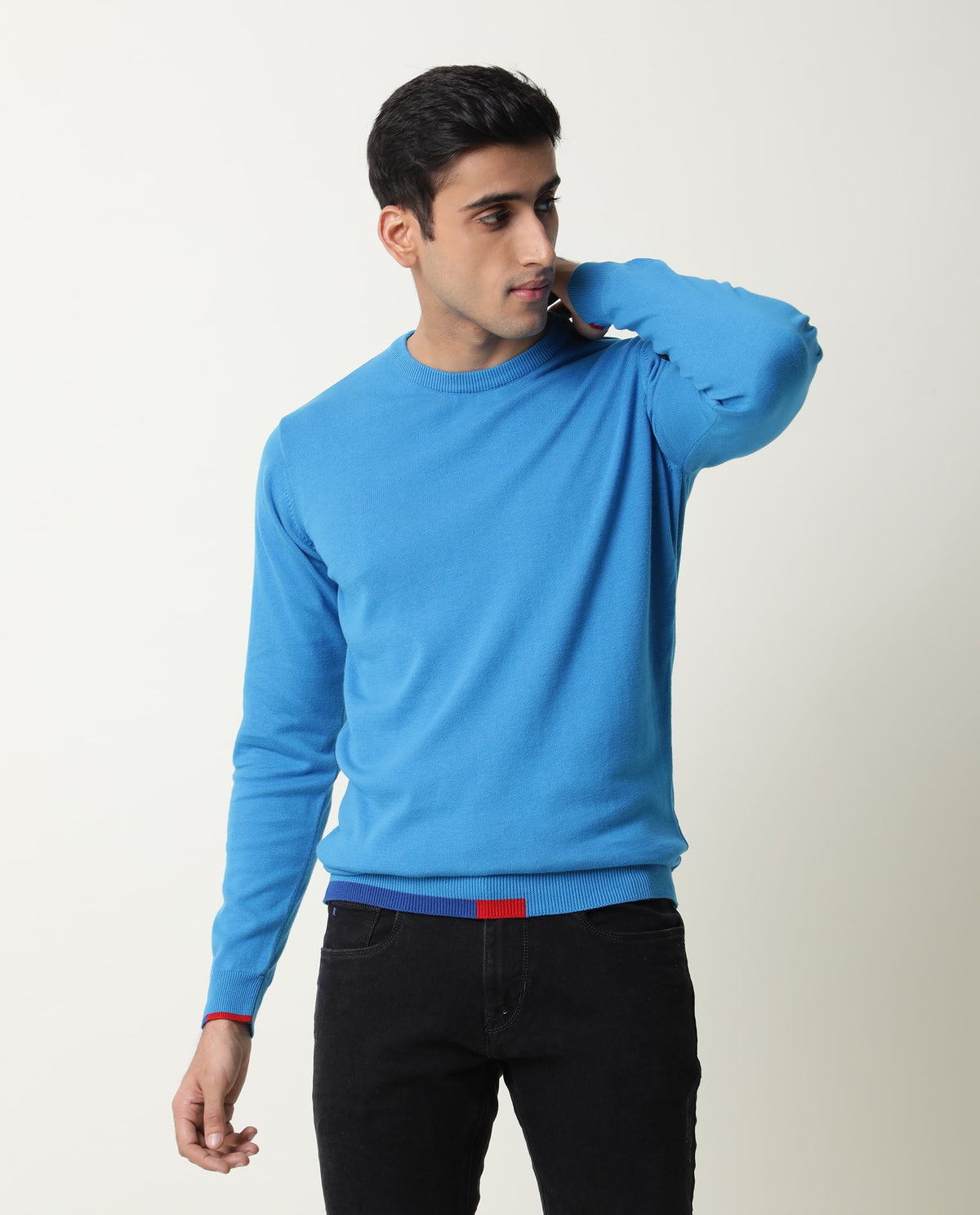 RARE RABBIT JODY PRIMARY TURQ SWEATER COTTON FABRIC FULL SLEEVE ROUND NECK SLIM FIT