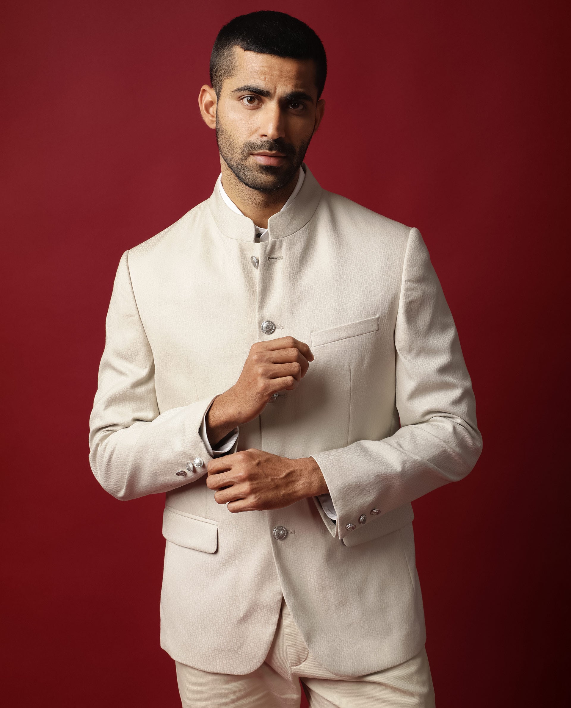 Rare Rabbit Men's Elsie Beige Mandarin Collar Tailored Fit Geometric Jacquard Bandhgala