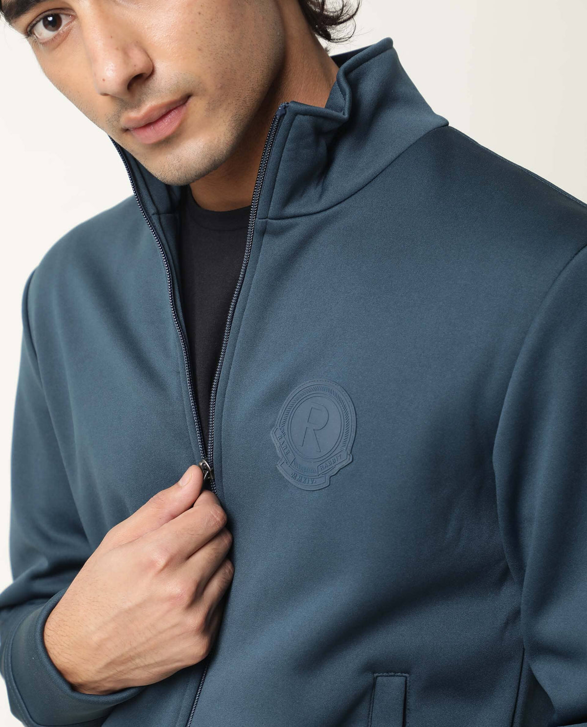 RARE RABBIT BOND PRIMARY PETROL JACKET POLYESTER FABRIC FULL SLEEVE STAND COLLAR SLIM FIT