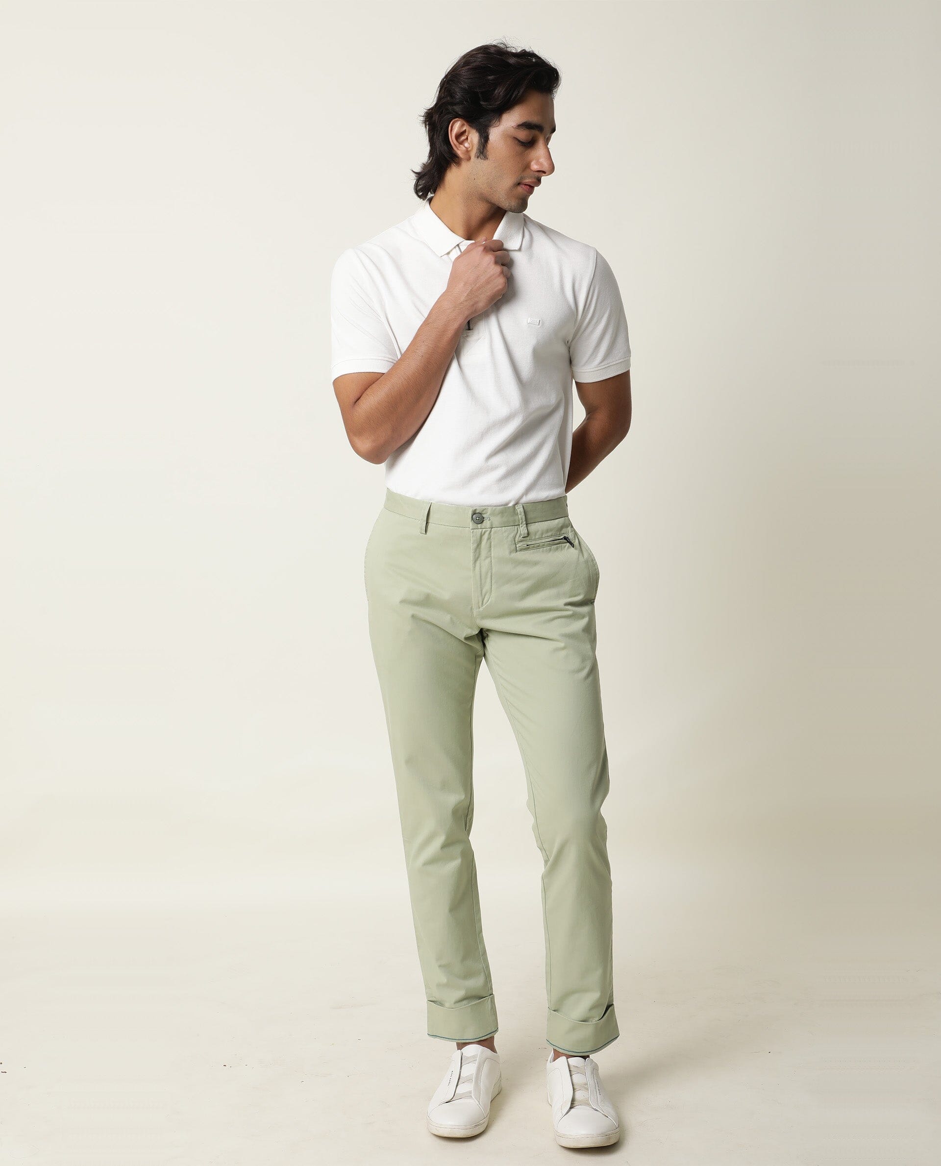 Rare Rabbit Men's Clovey Green Cotton Fabric Button Closure Mid Rise Slim Fit Trousers