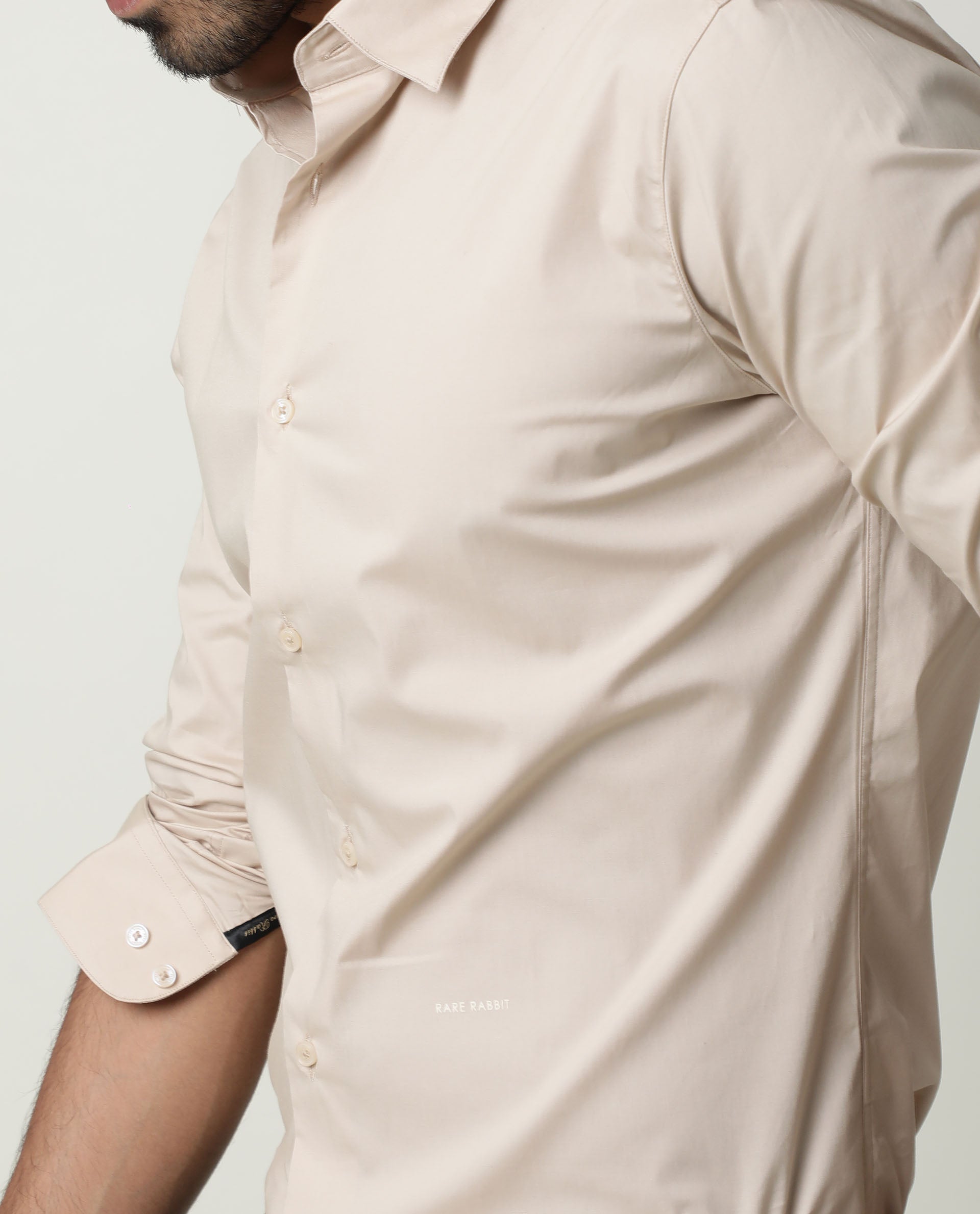 Rare Rabbit Men's Neutrons Beige Cotton Polyester Fabric Full Sleeves Solid Shirt