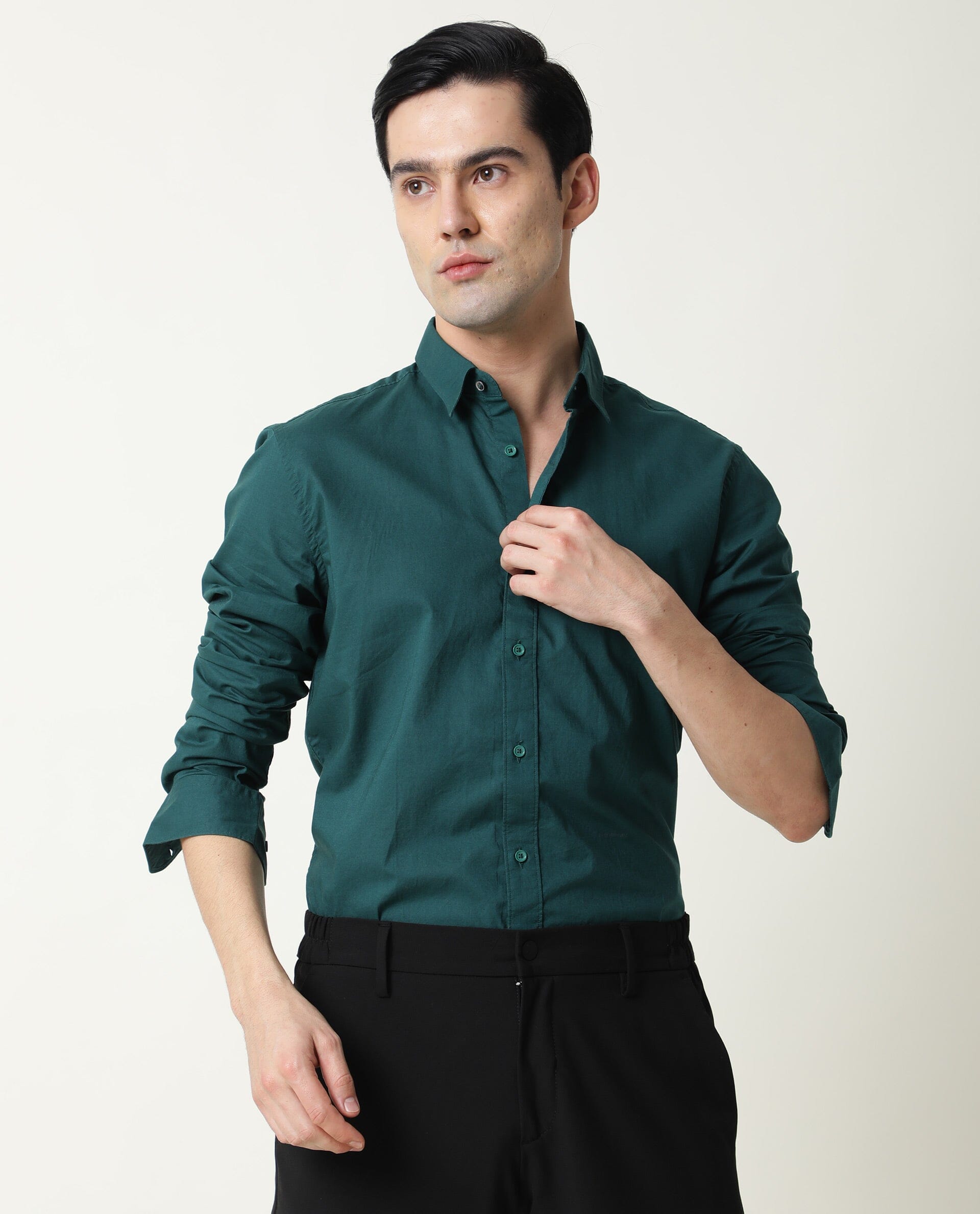 Rare Rabbit Men's Fullslee Petrol Cotton Fabric Full Sleeves Solid Shirt