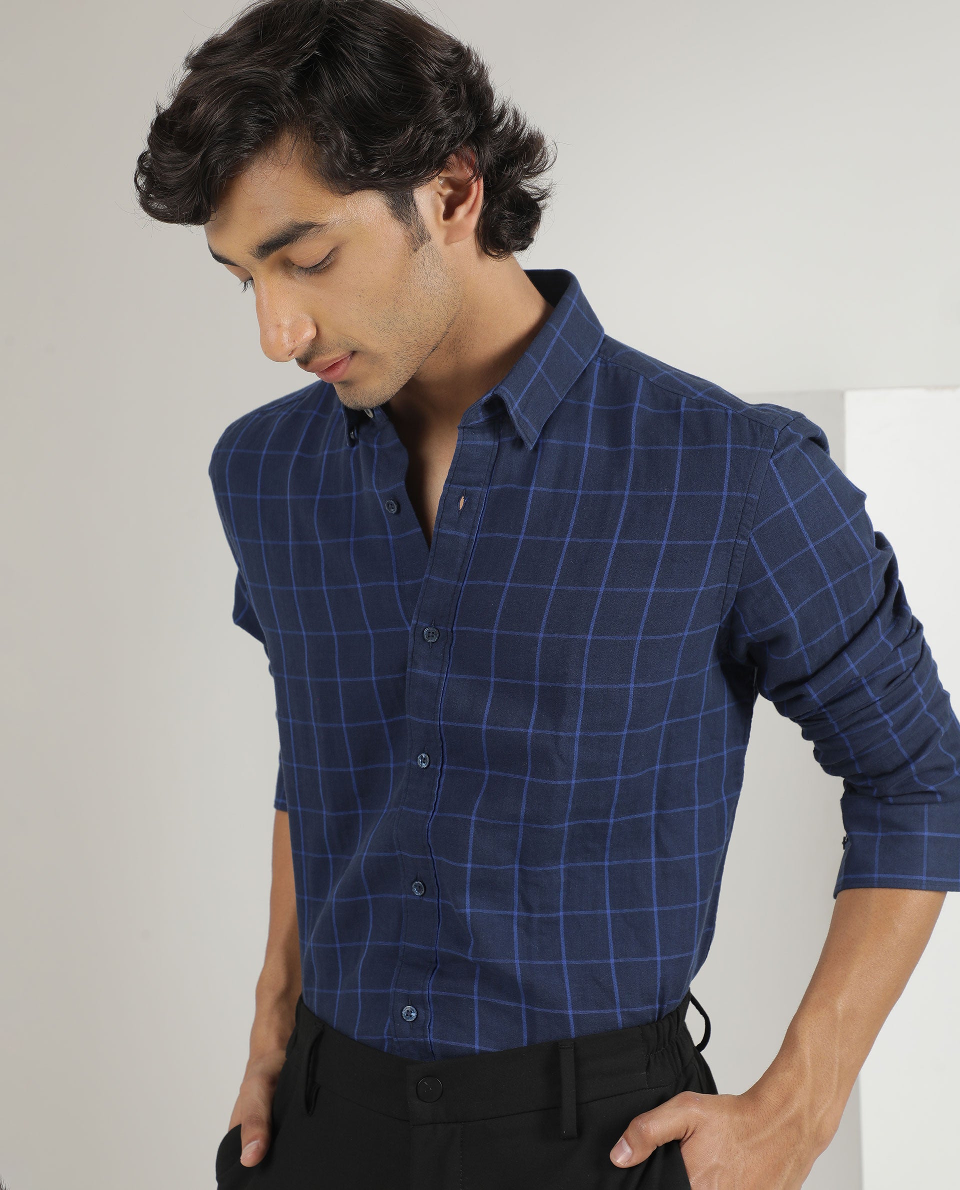 Rare Rabbit Men's Clara Navy Cotton Fabric Full Sleeves Checks Shirt