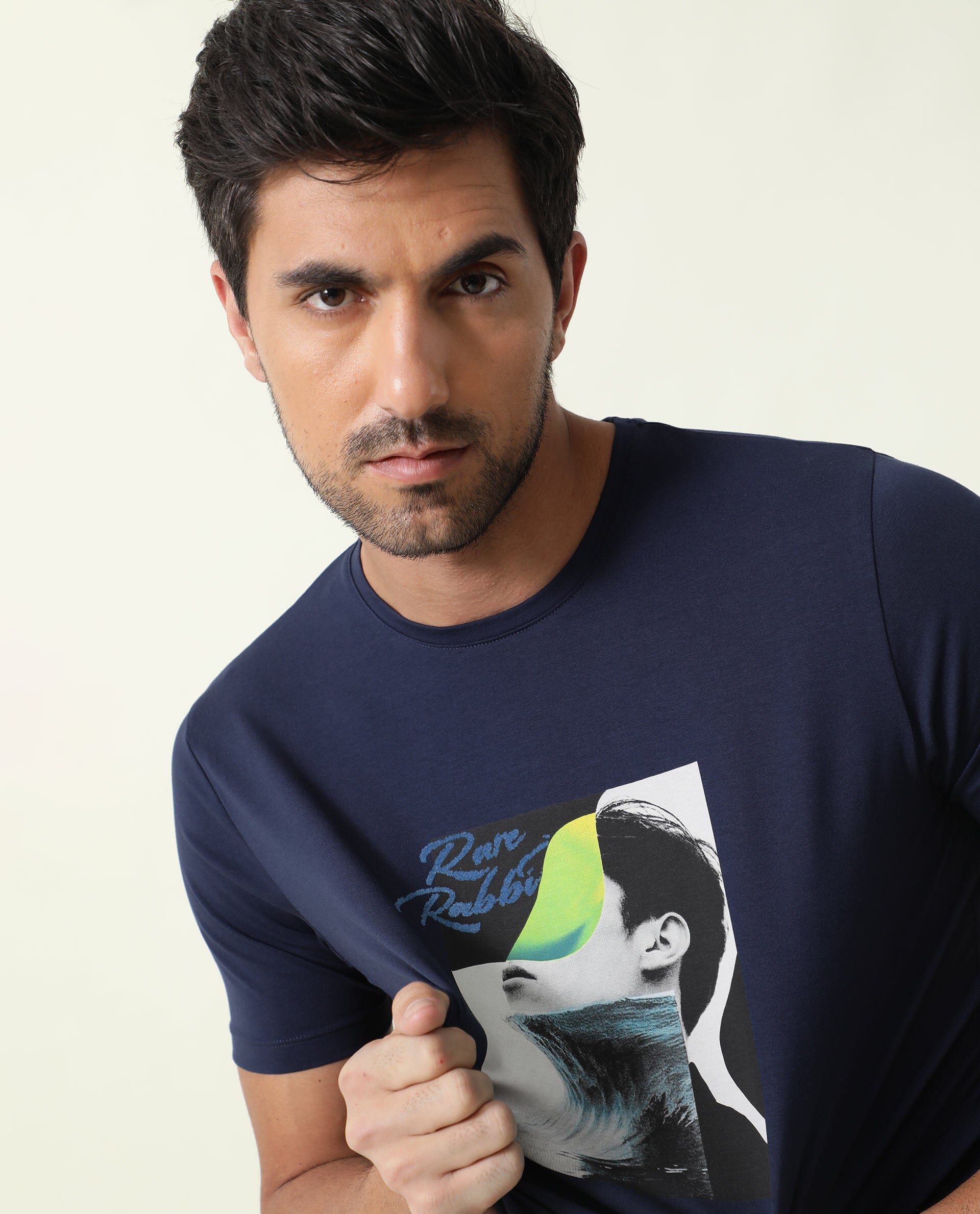 Rare Rabbit Men's Minx Navy Cotton Lycra Fabric Crew Neck Half Sleeves Regular Fit Graphic Print T-Shirt