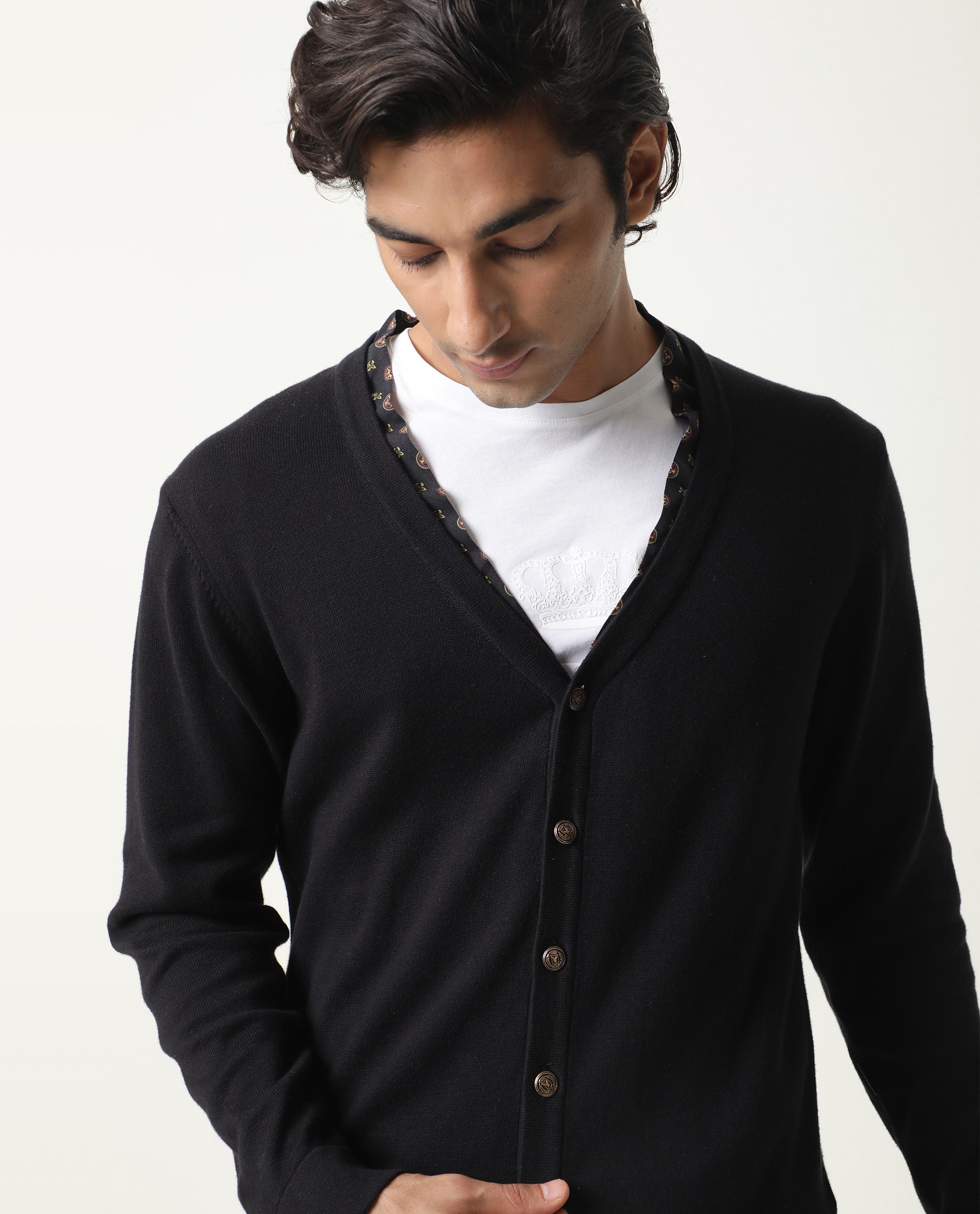 Rare Rabbit Richer Primary Black Pullover Cotton Fabric Full Sleeve V-Neck Slim Fit