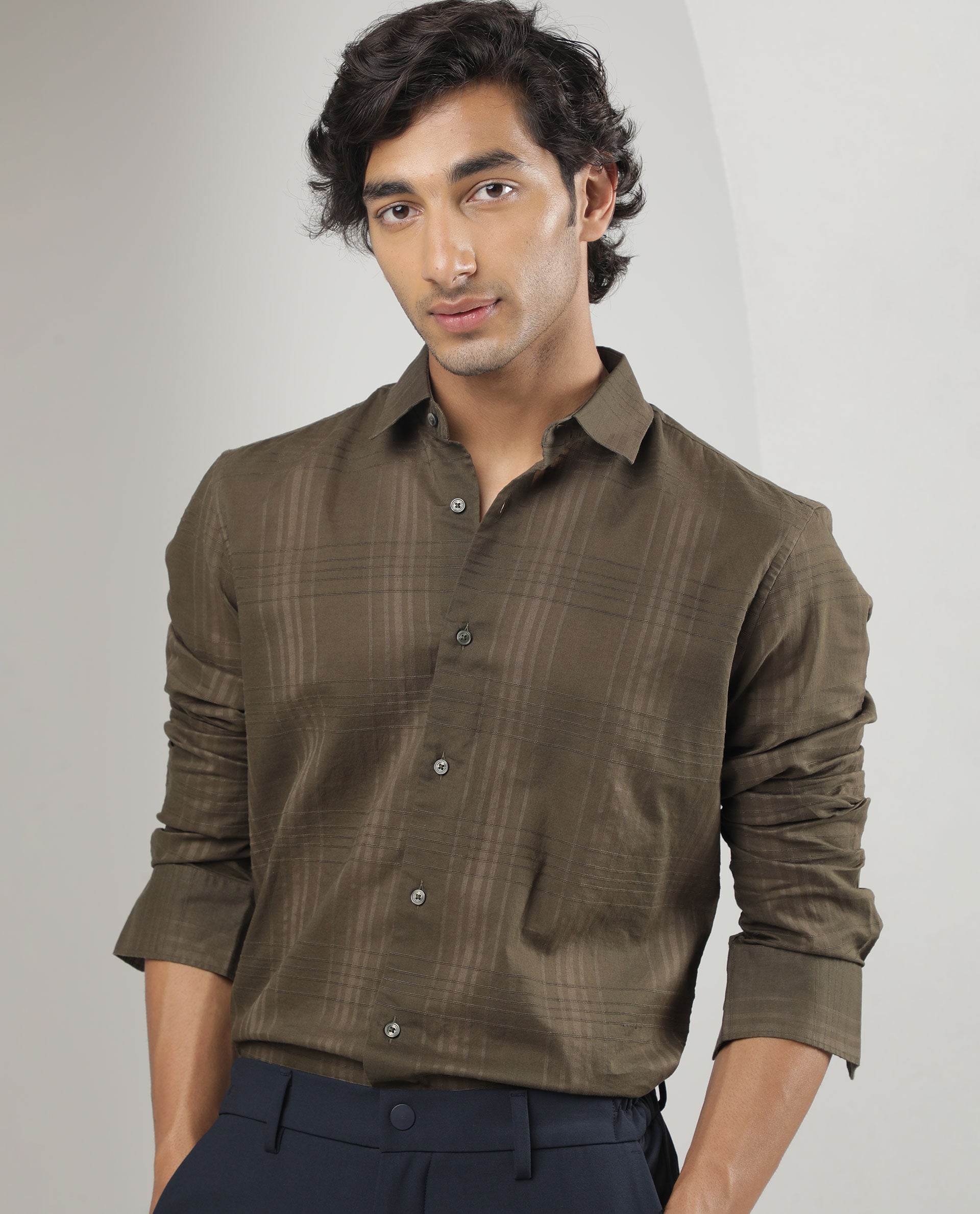 Rare Rabbit Men's Nest Olive Cotton Fabric Full Sleeves Dobby Checks Shirt