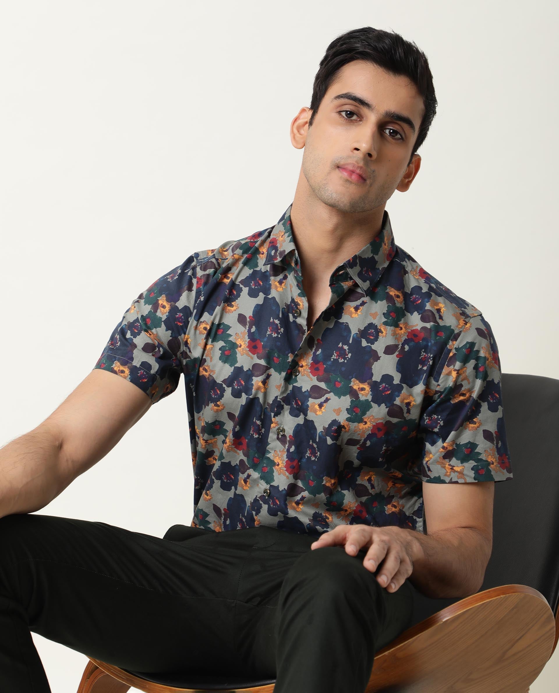 Rare Rabbit Men's Vishh Green Poplin Floral Printed Half Sleeves Shirt