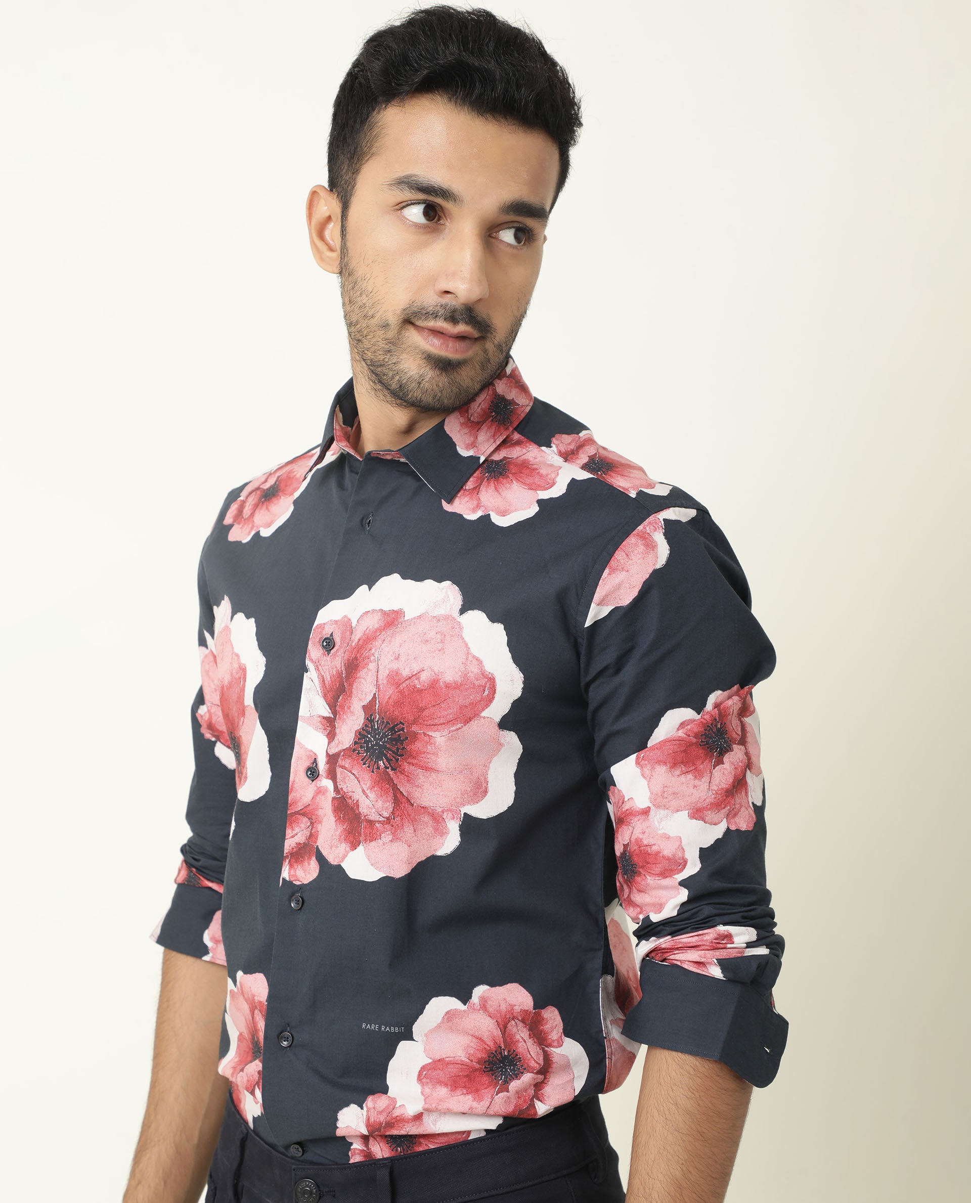 Rare Rabbit Men's Netherss Navy Cotton Fabric Floral Print Full Sleeves Shirt