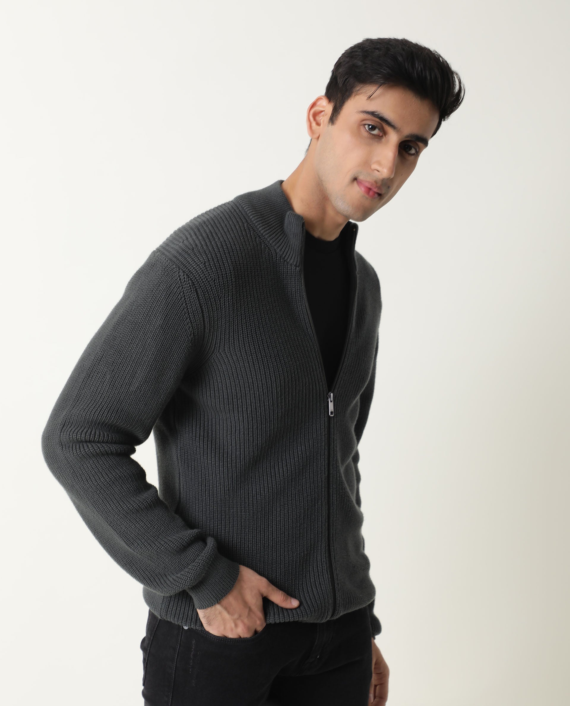 Rare Rabbit Track Primary Green Pullover Cotton Fabric Full Sleeve Mandarin Collar Slim Fit