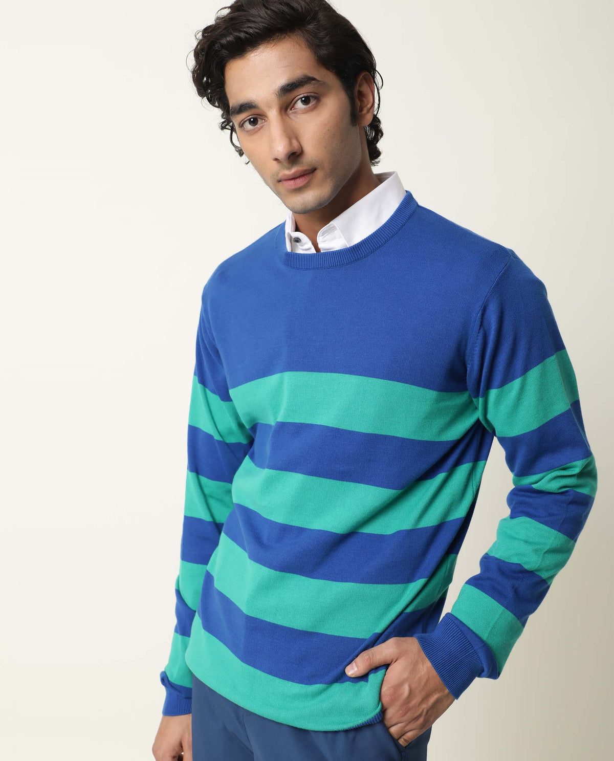 Rare Rabbit Marri Primary Green Sweater Cotton Fabric Full Sleeve Round Neck Slim Fit
