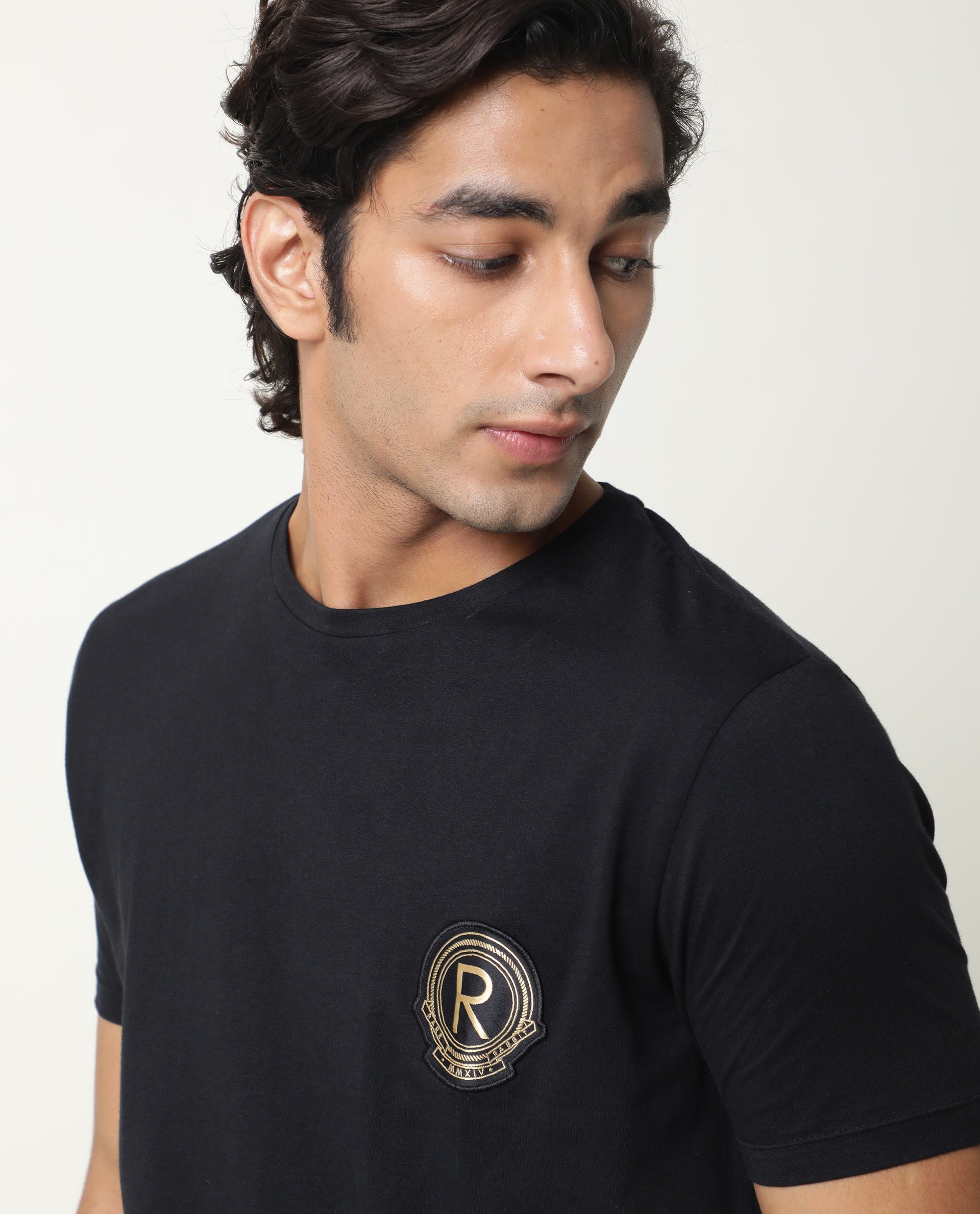 Rare Rabbit Hugo Black Crew Neck Chest Logo Branding Half Sleeves Round Neck Slim Fit T-Shirt