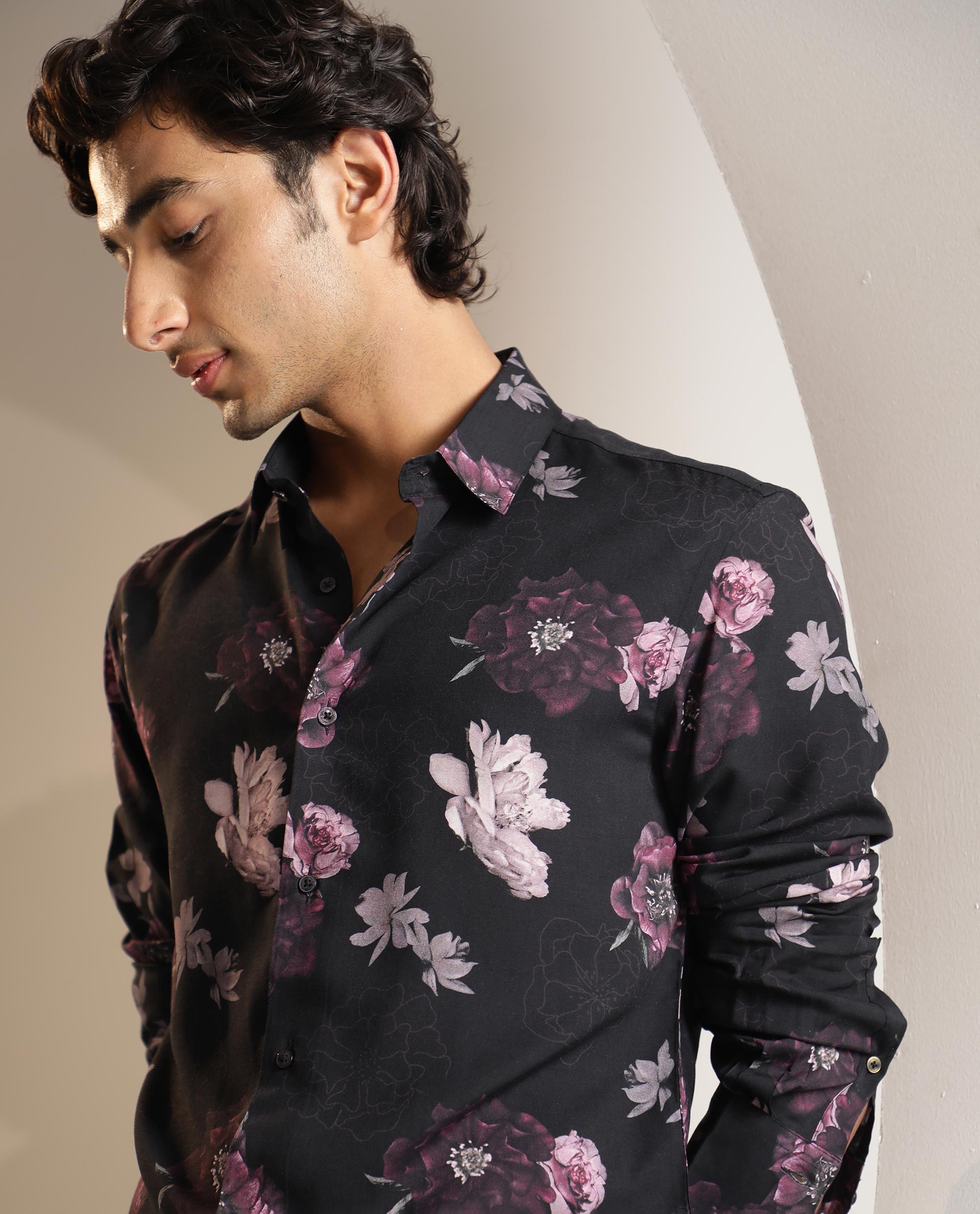 Rare Rabbit Men's Boro Purple Viscose Fabric Floral Print Full Sleeves Shirt