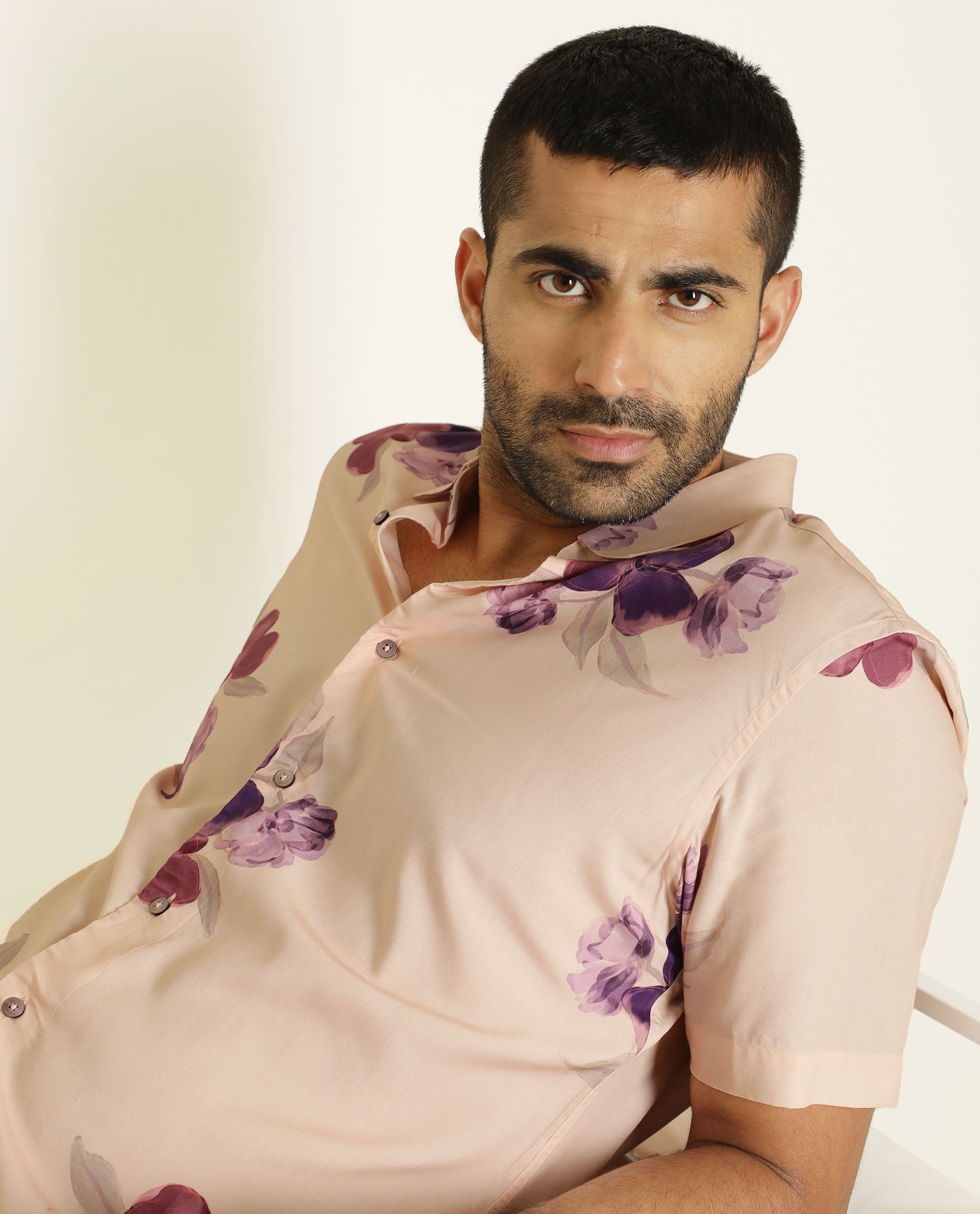 Rare Rabbit Men's Zion Beige Viscose Fabric Floral Print Half Sleeves Shirt