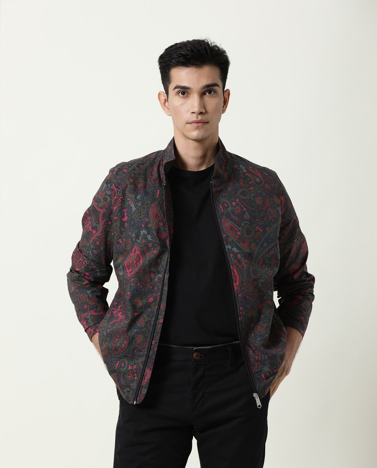 RARE RABBIT MEN'S PERSI PINK JACKET COTTON FABRIC MANDARIN COLLAR FULL SLEEVES ZIPPER CLOSURE SLIM FIT