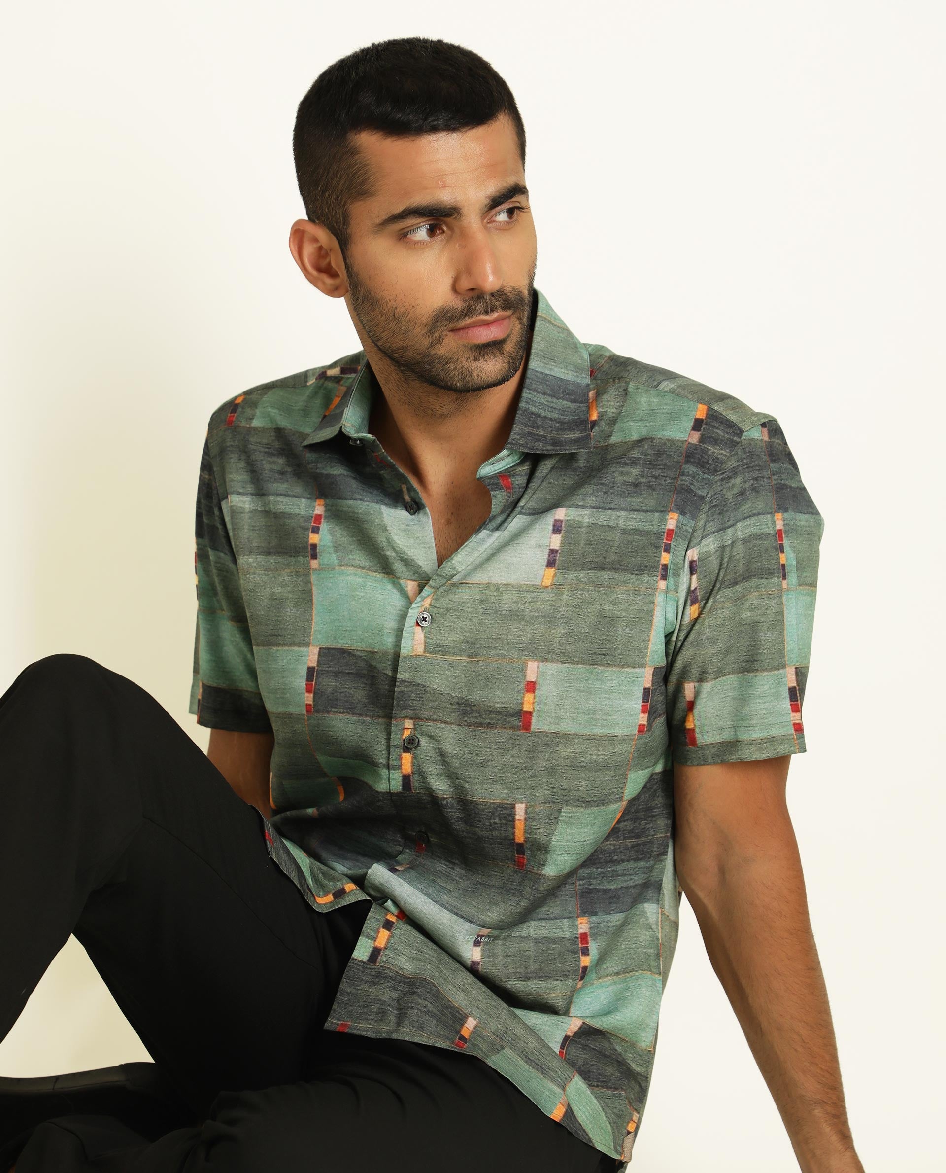 Rare Rabbit Men's Cashco Green Viscose Fabric Abstract Print Half Sleeves Shirt