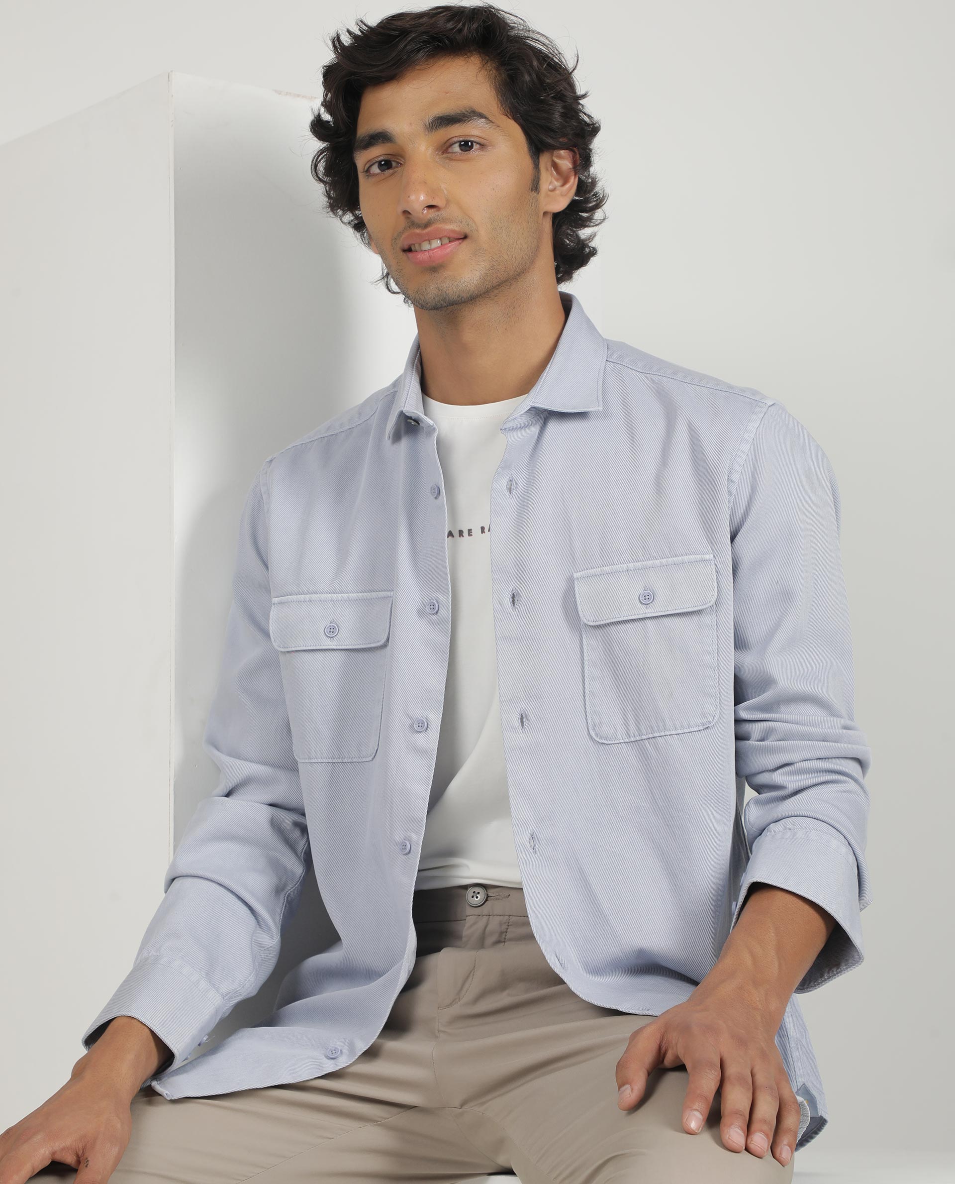 Rare Rabbit Men's Lyton Pastel Blue Cotton Fabric Full Sleeves Solid Twill Shirt