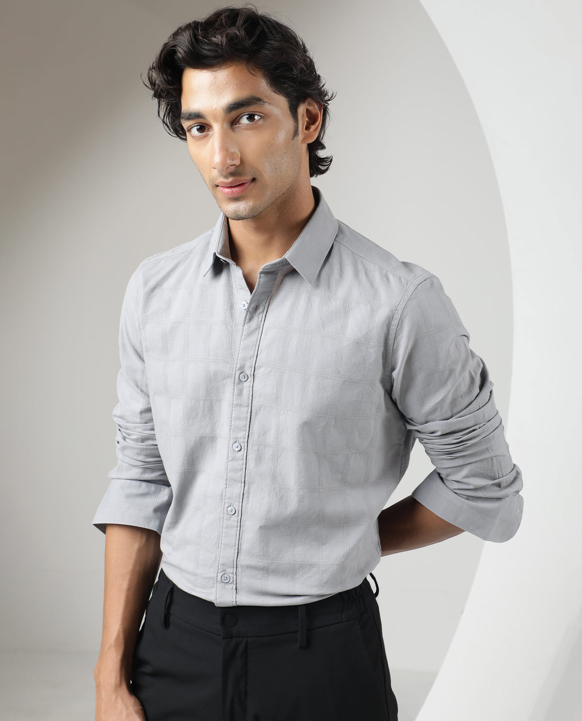 RARE RABBIT MEN'S HECKER GREY SHIRT COTTON FABRIC COLLARED NECK FULL SLEEVES BUTTON CLOSURE