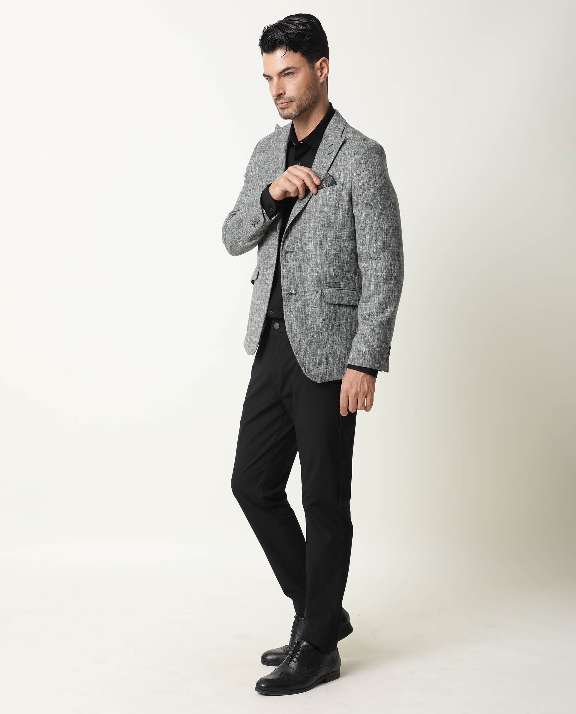 Rare Rabbit Men's Drews Green Polyester Viscose Fabric Peak Lapel Single Breasted Tailored Fit Textured Blazer