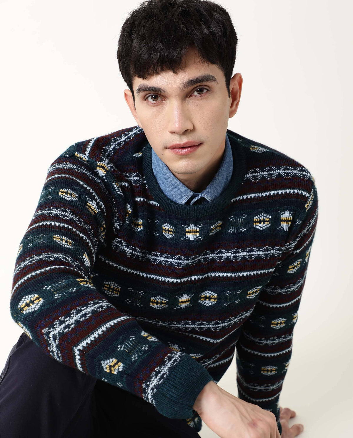 RARE RABBIT MEN'S FARE DARK GREEN PULLOVER ACRYLIC FABRIC ROUND NECK FULL SLEEVES SLIM FIT
