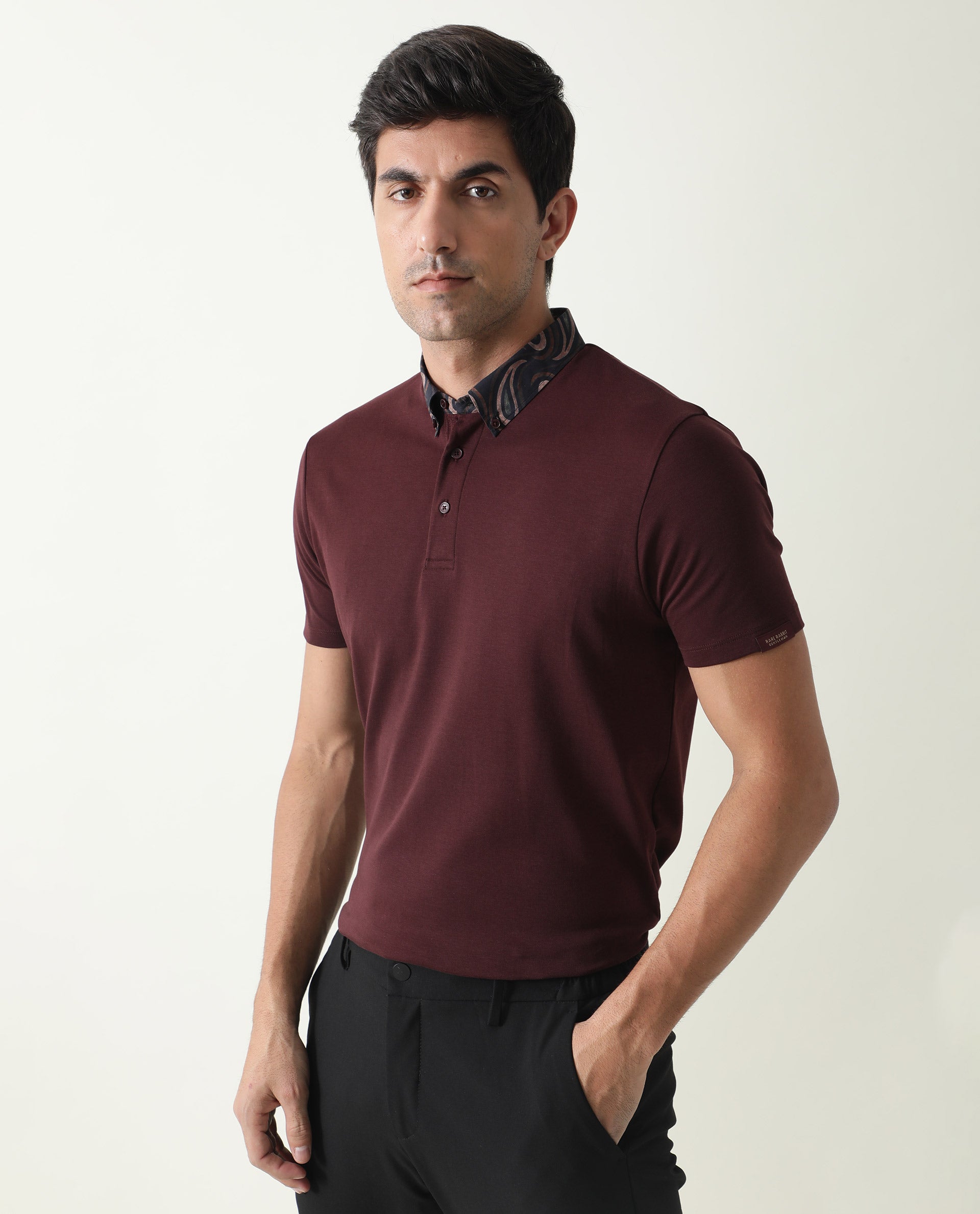 RARE RABBIT MEN'S RINGERS MAROON POLO COTTON FABRIC COLLARED NECK HALF SLEEVES BUTTON CLOSURE