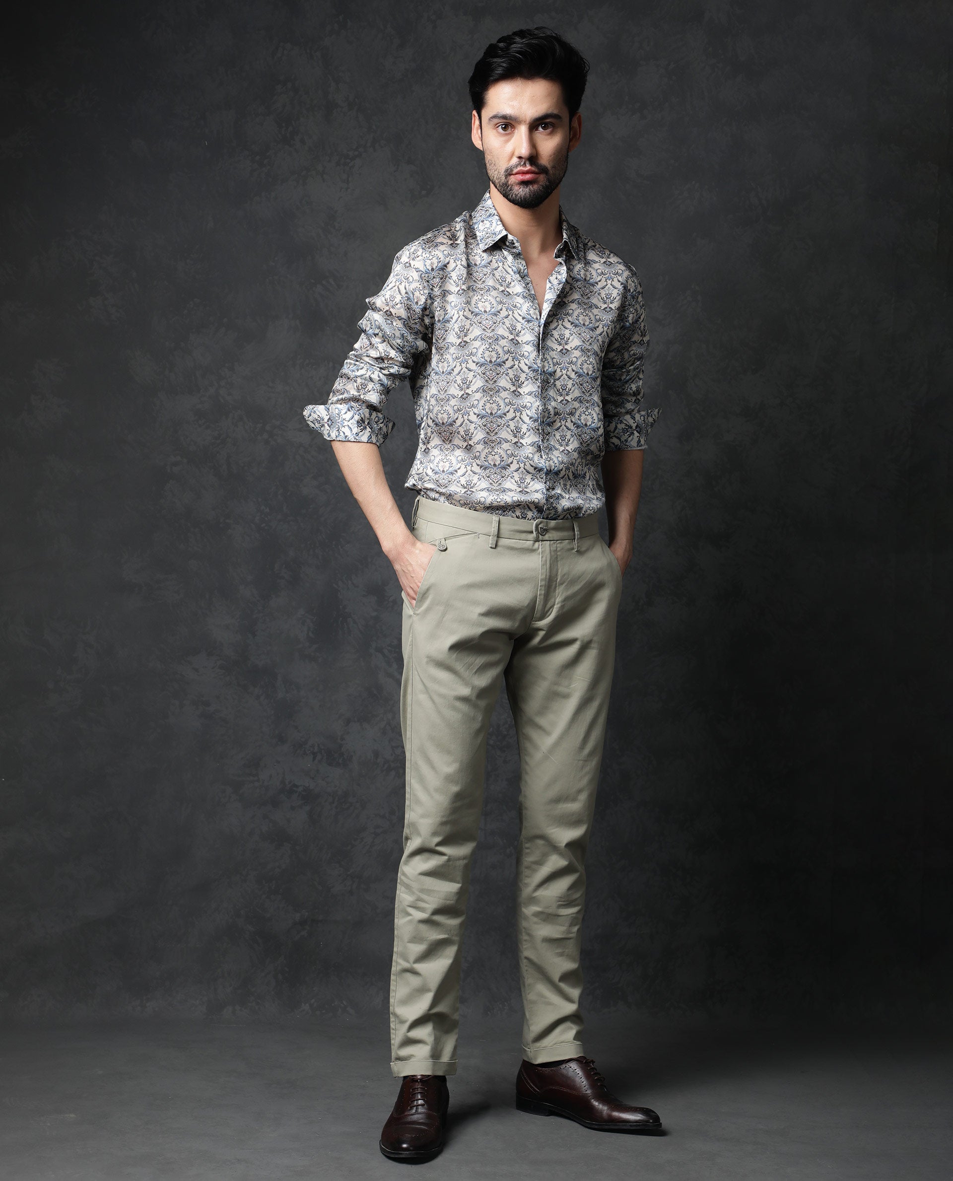 Rare Rabbit Men's Montor Beige Satin Abstract Print Full Sleeves Shirt